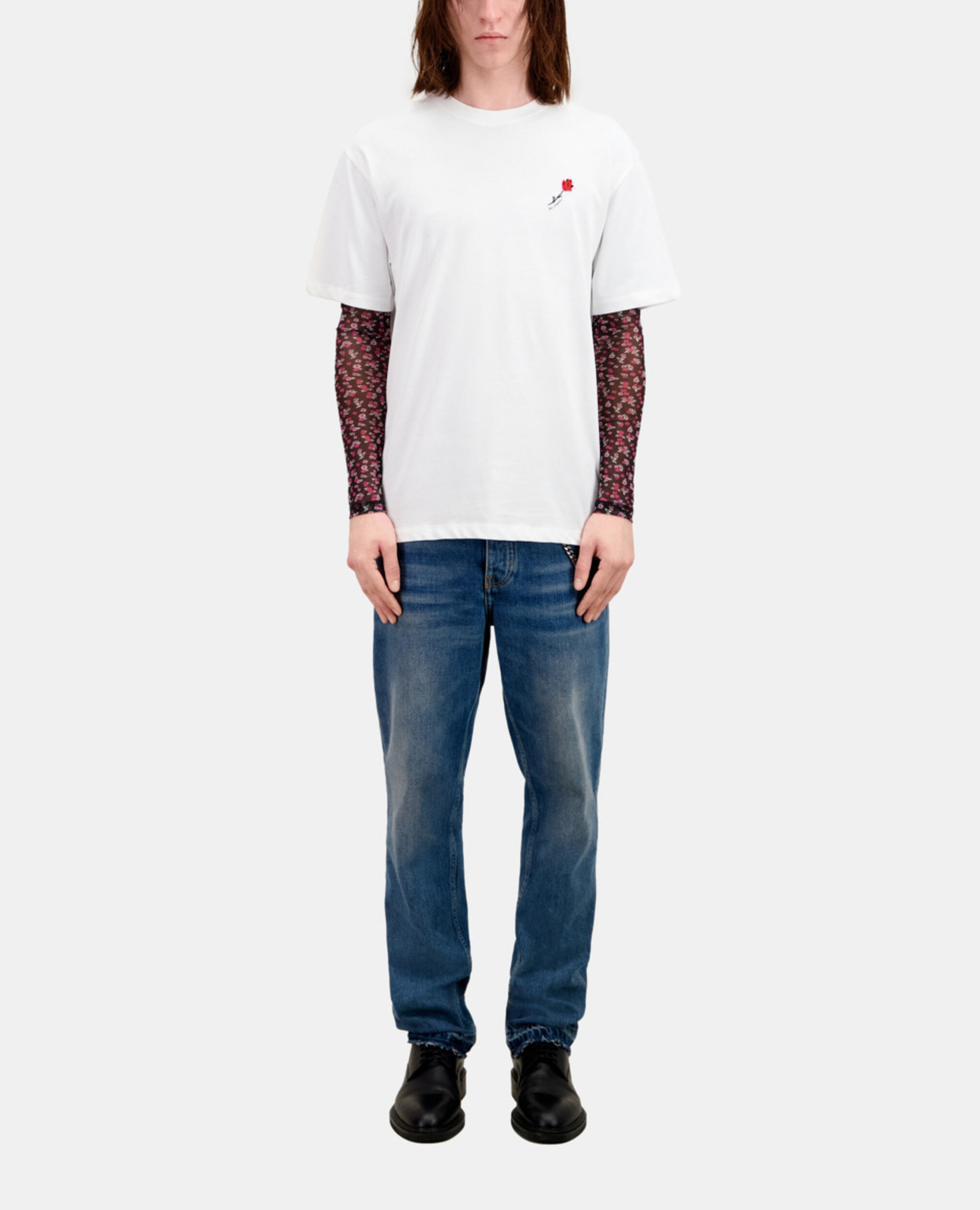T-shirt Homme blanc avec broderie fleur, WHITE, hi-res image number null
