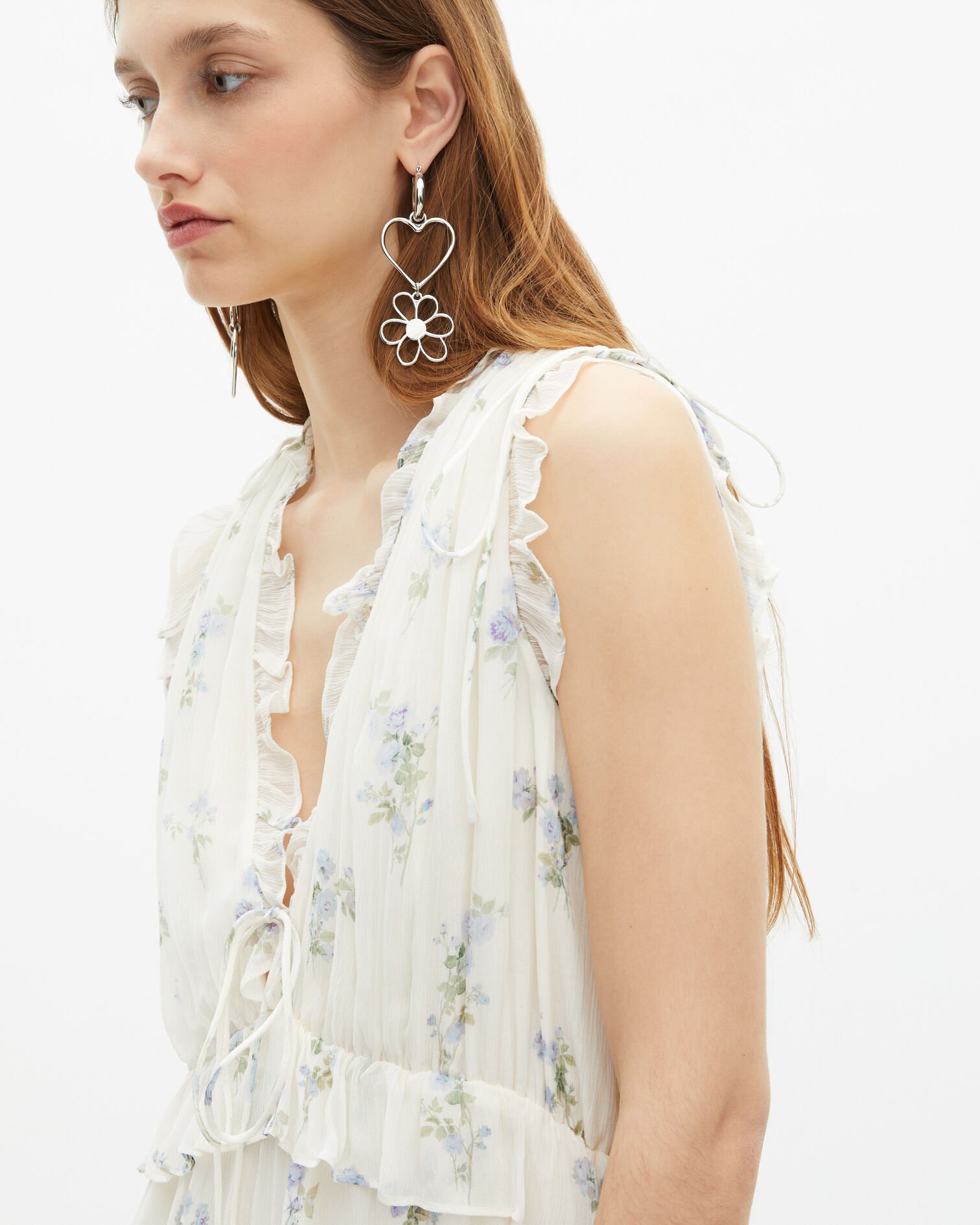 White floral print short dress with ruffles, WHITE / SKY BLUE, hi-res image number null