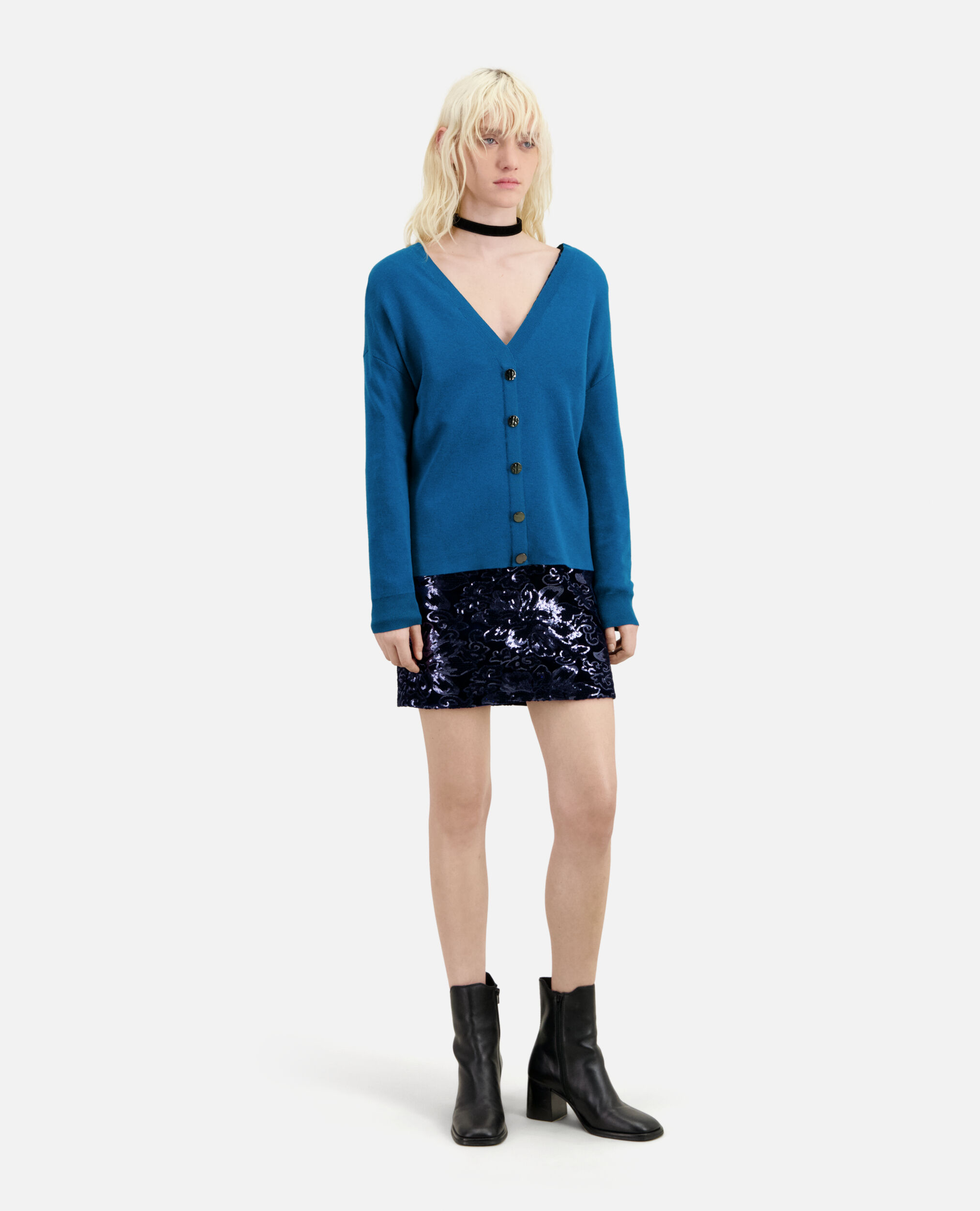 Blue sweater with buttoning on the back, MEDIUM BLUE, hi-res image number null