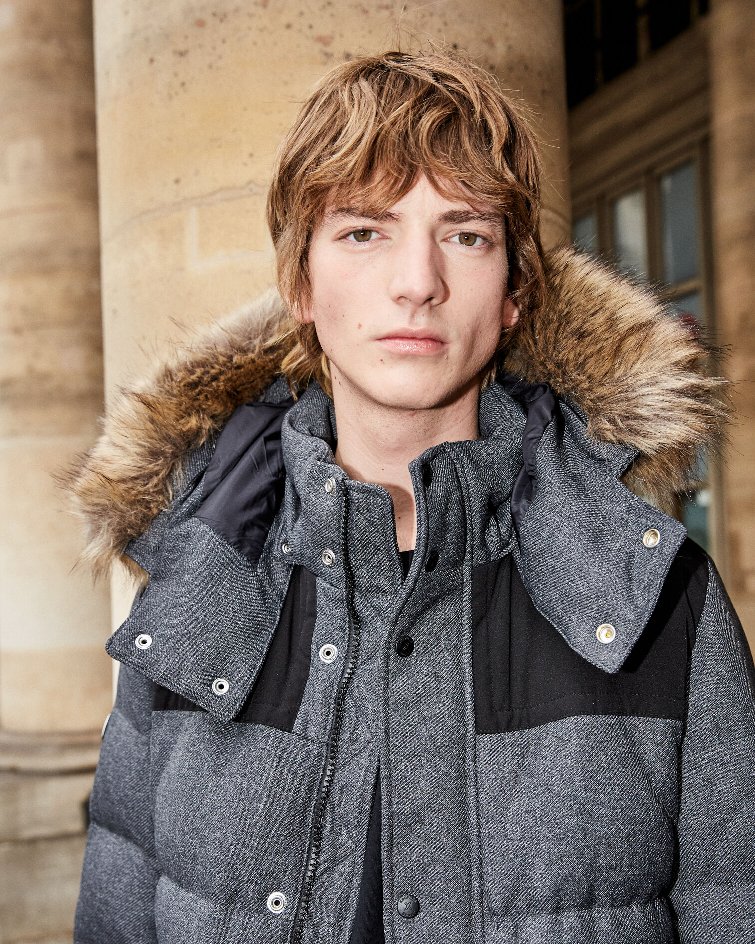 gray nylon down jacket with hood - fur trim, LIGHT GREY MELANGE, hi-res image number null