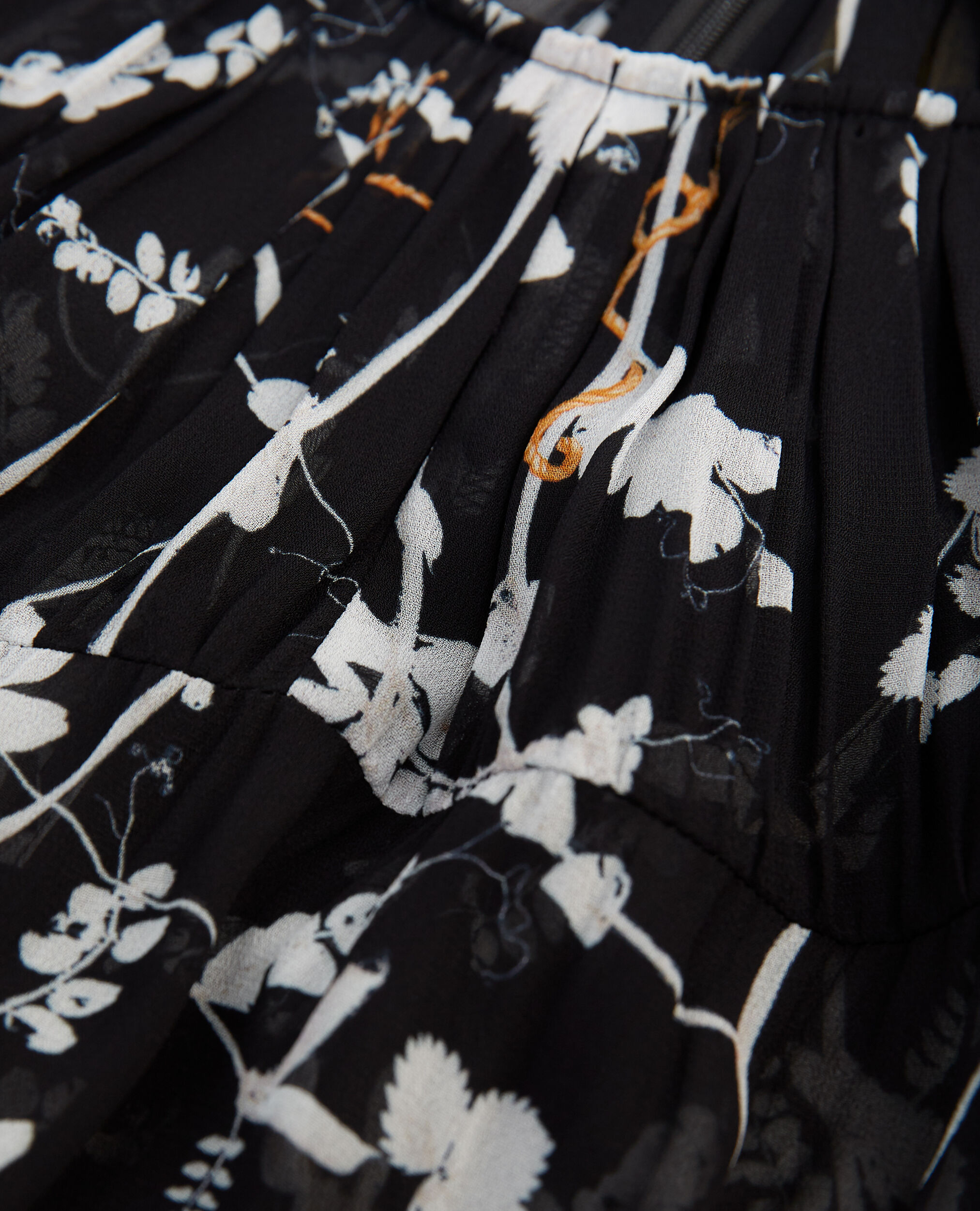 Flowing black top with gathers - floral print, BLACK, hi-res image number null