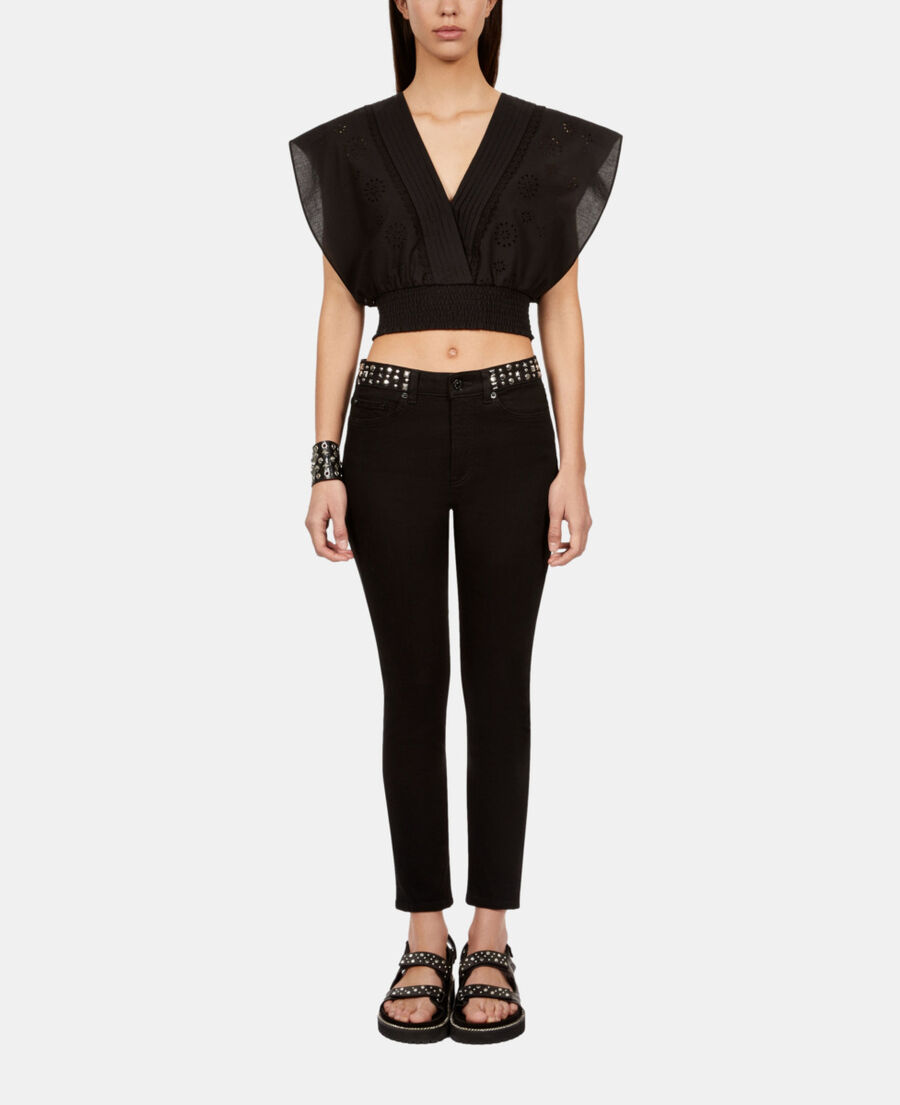 The Kooples F BLACK black short top in english embroidery