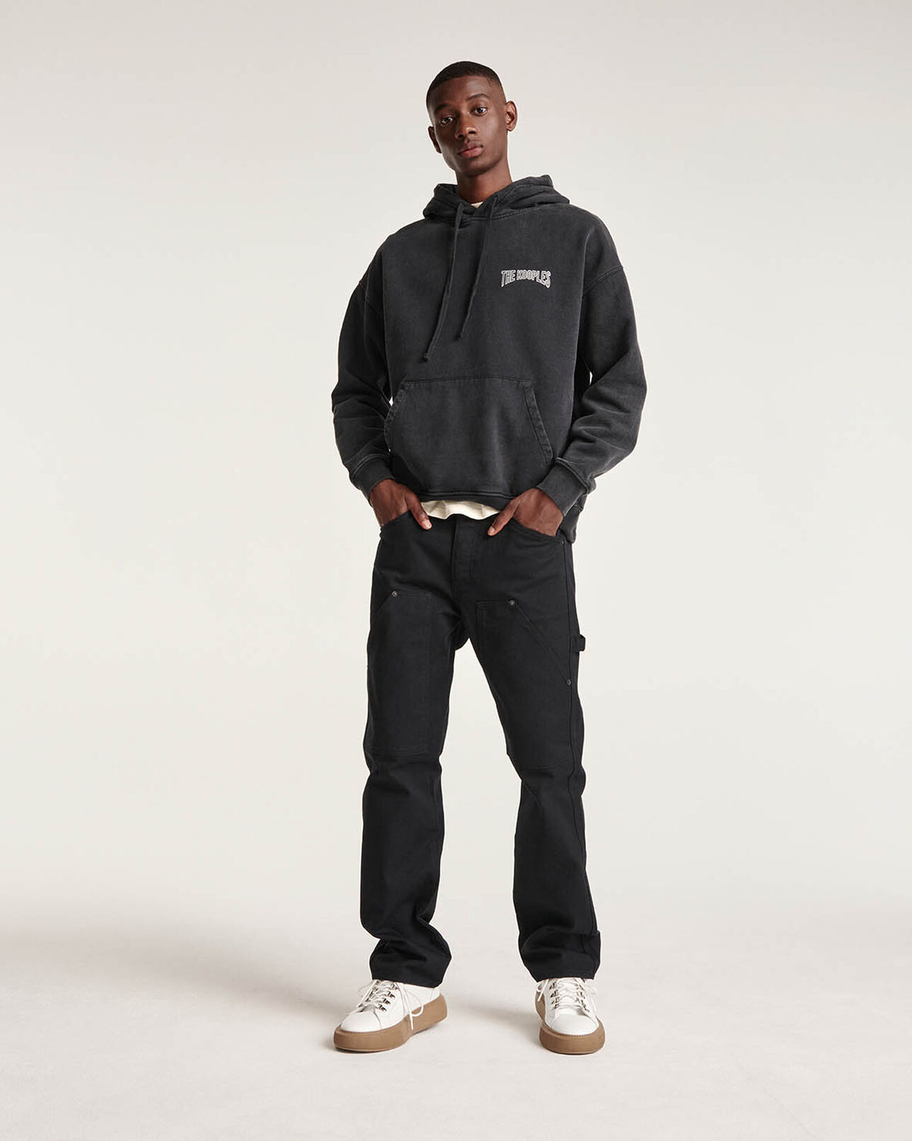 The Kooples MEN BLACK WASHED cotton black hoodie with printed logo