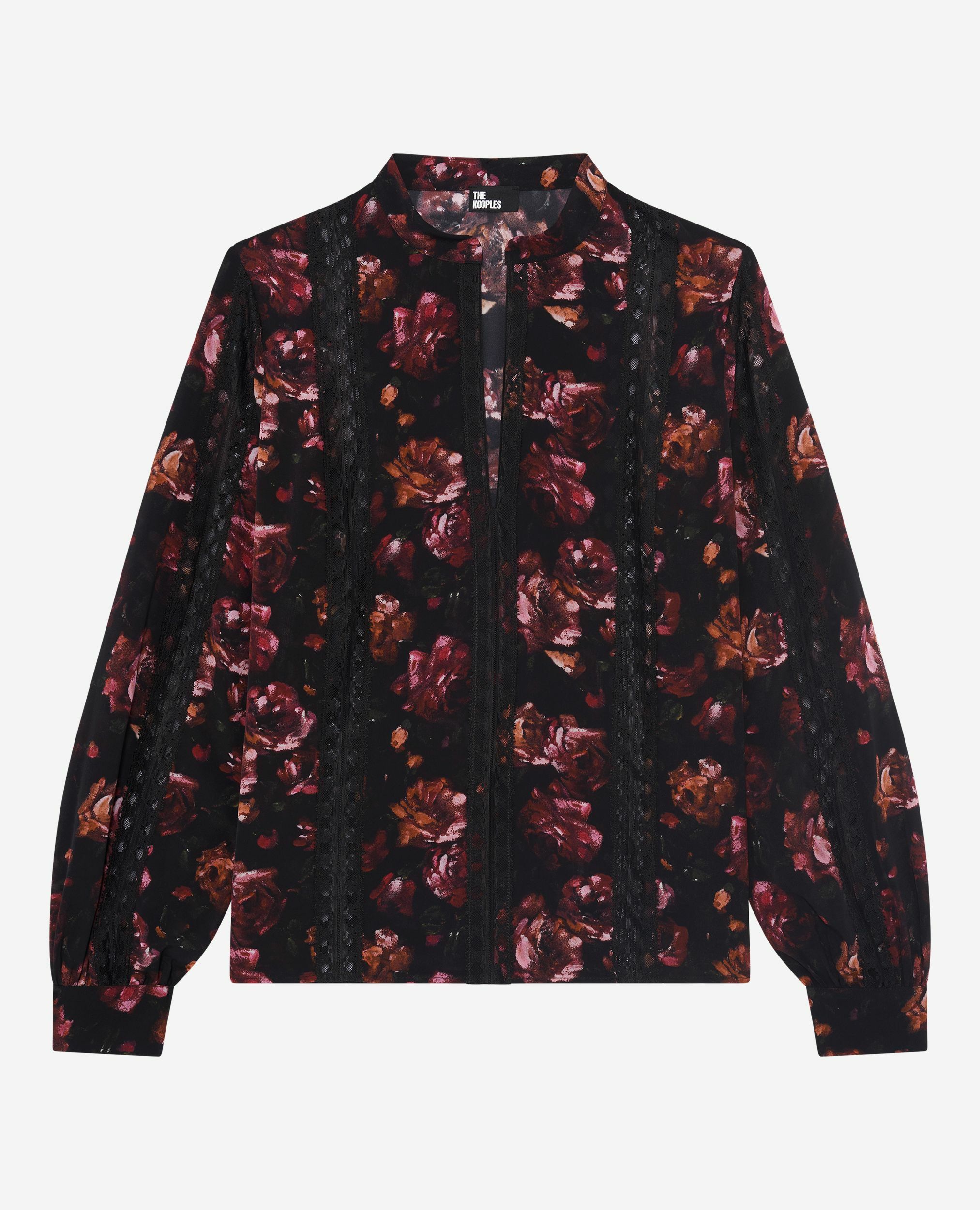 Blouse imprimé fleuris en soie mélangée bordeaux, BLACK - RED, hi-res image number null