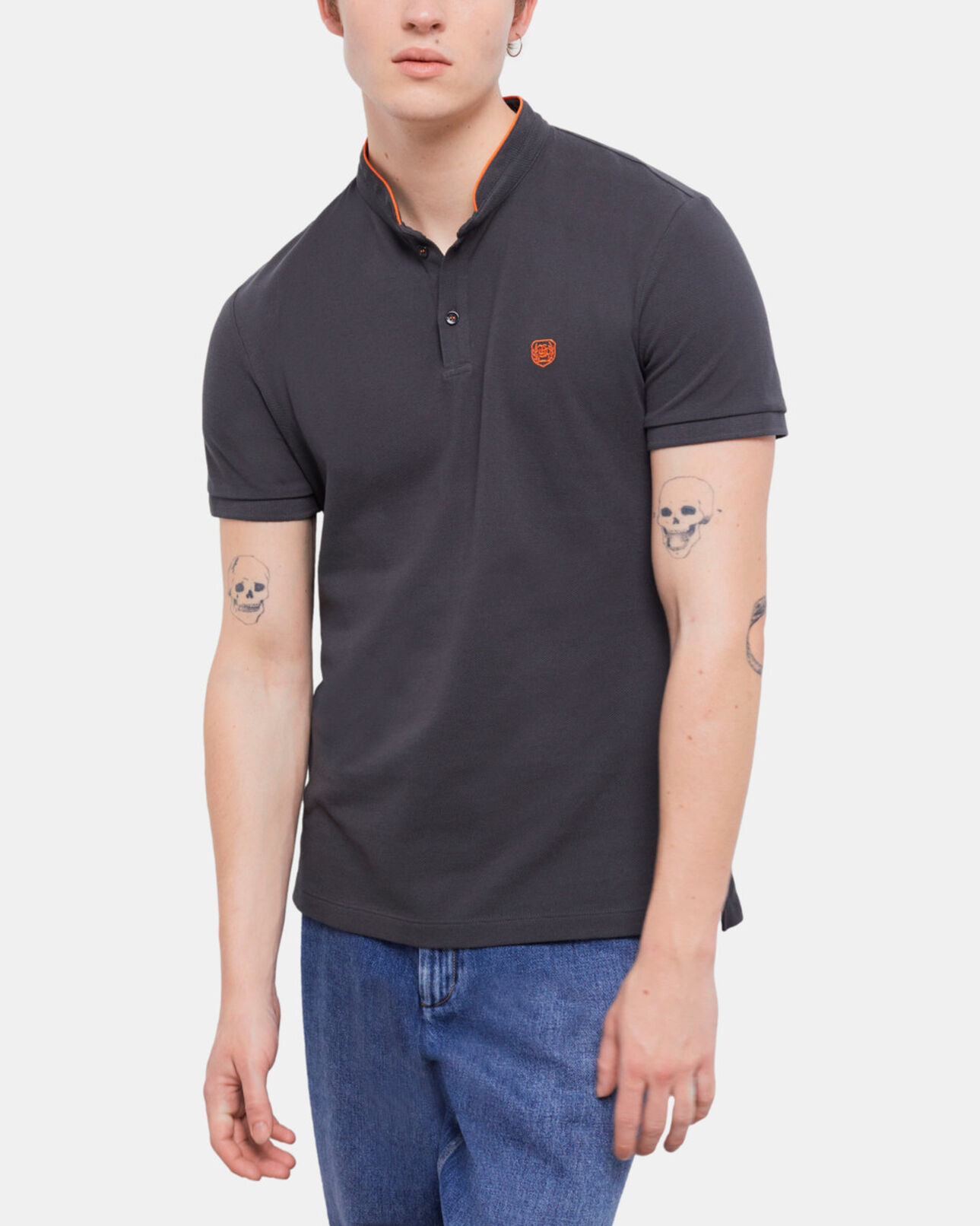 The Kooples MEN BLACK-ORANGE  black officer collar polo shirt