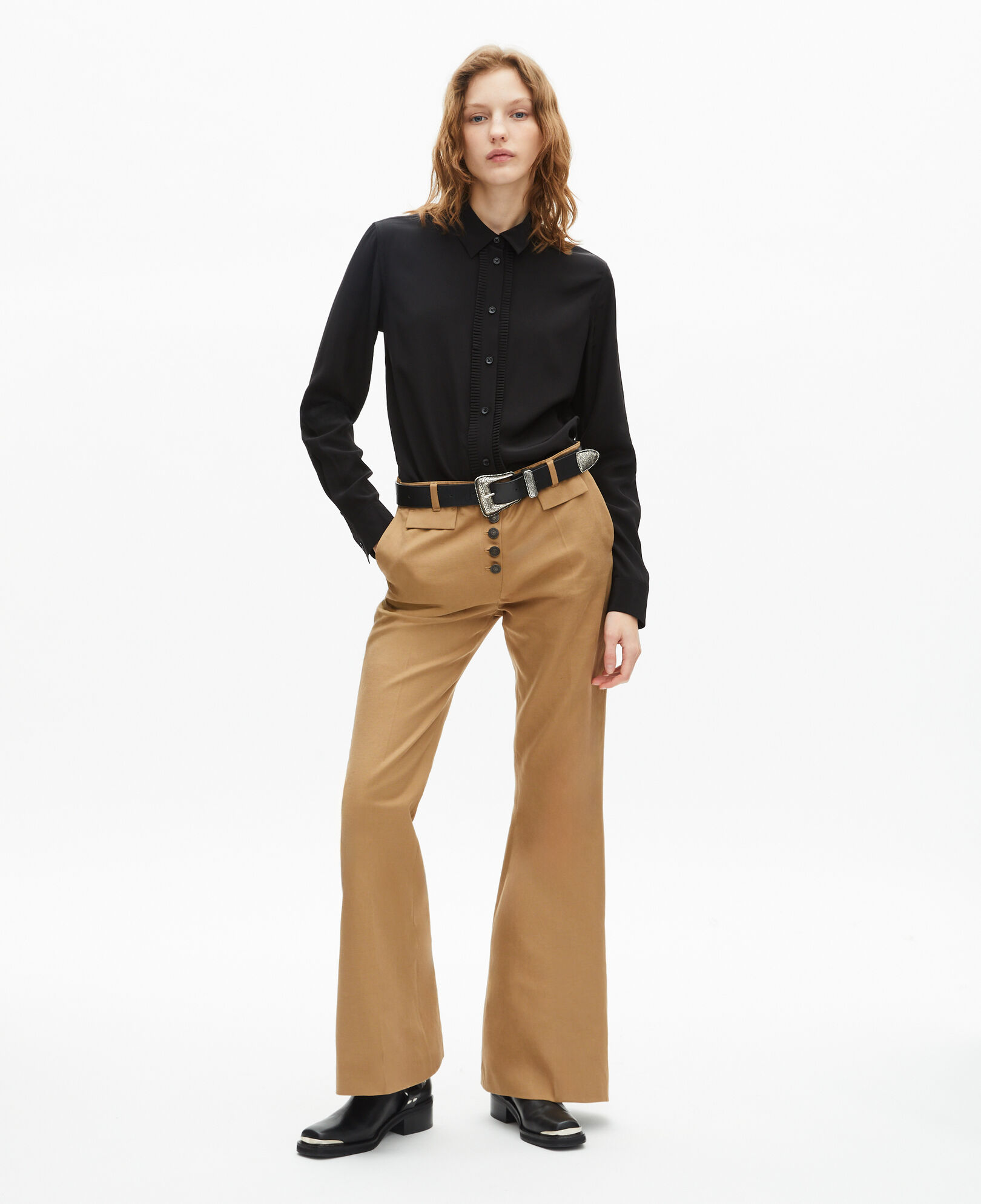 The Kooples WOMEN BEIGE beige cotton and linen flared pants