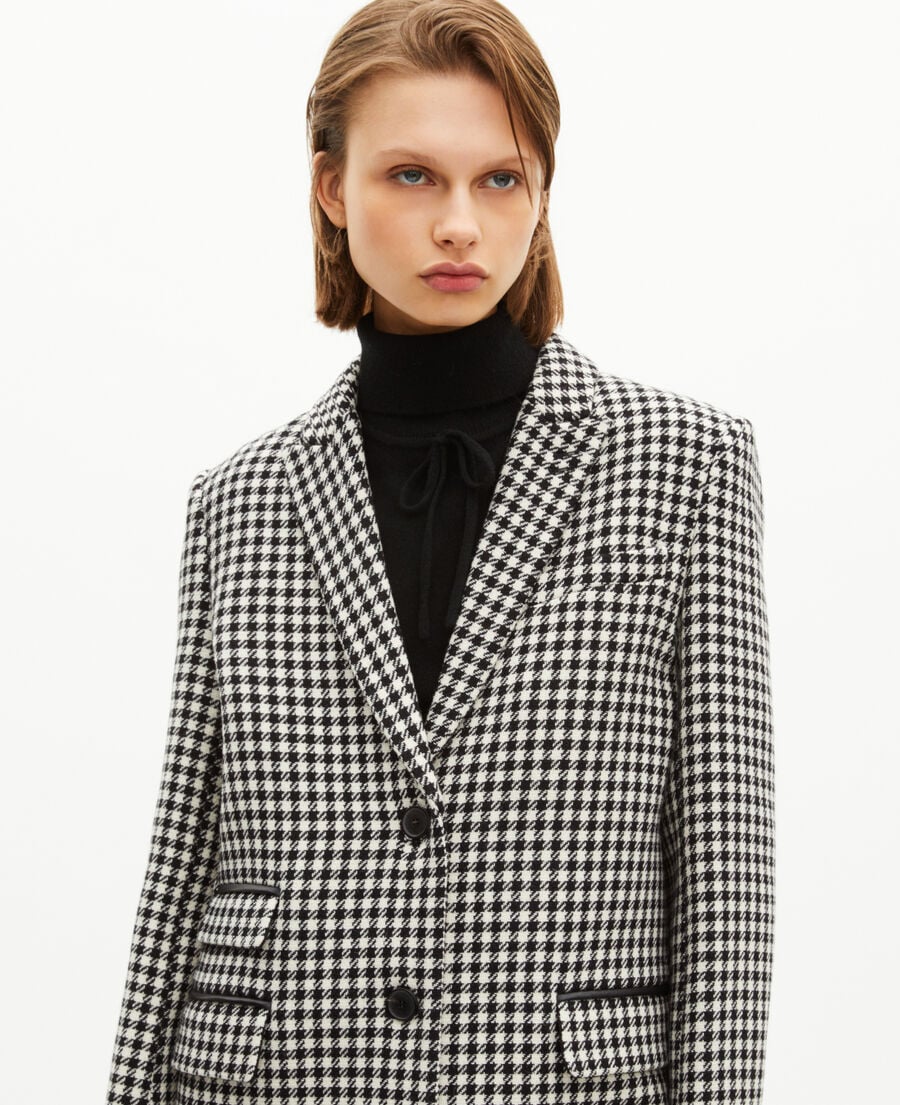 The Kooples WOMEN BLACK WHITE long houndstooth coat in black and white wool