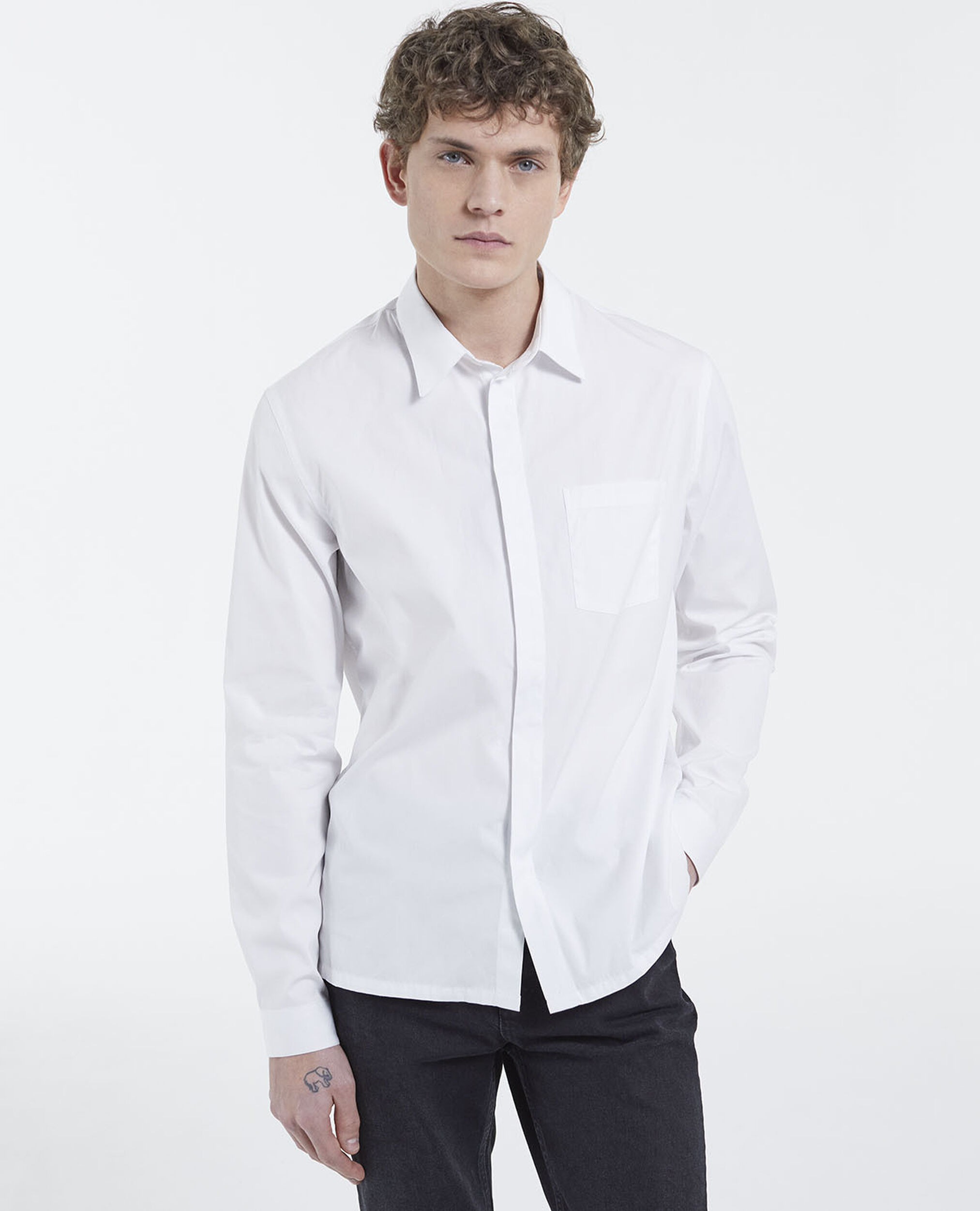White cotton shirt with patch pocket, WHITE, hi-res image number null