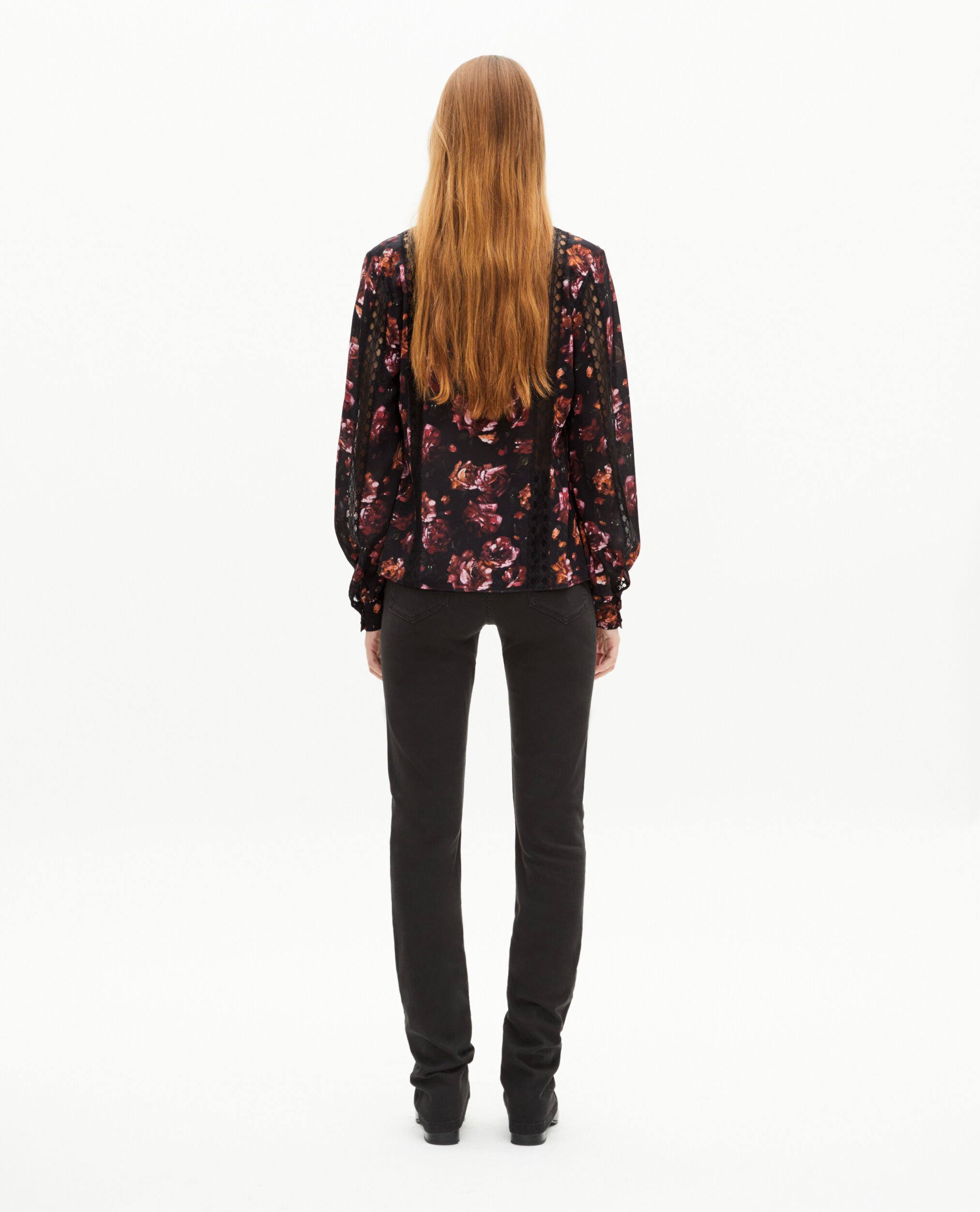 Rose-print blouse in burgundy silk blend, BLACK - RED, hi-res image number null