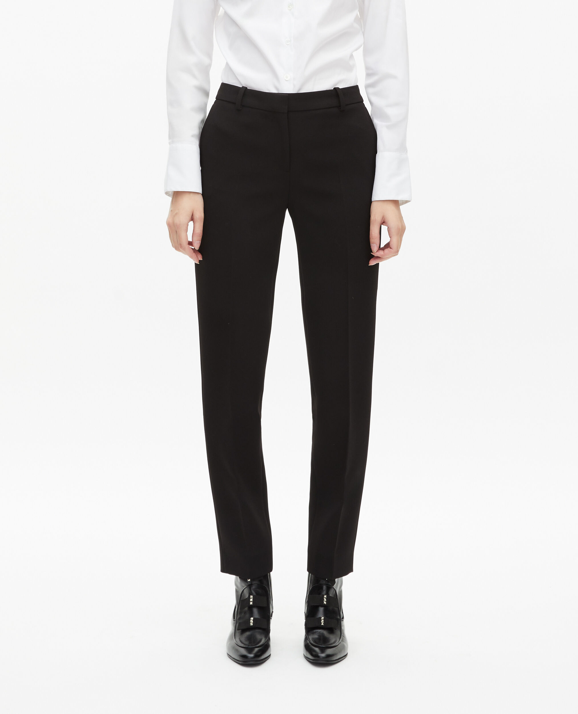 Pantalon tailleur en crêpe noir coupe tailleur droite, BLACK, hi-res image number null