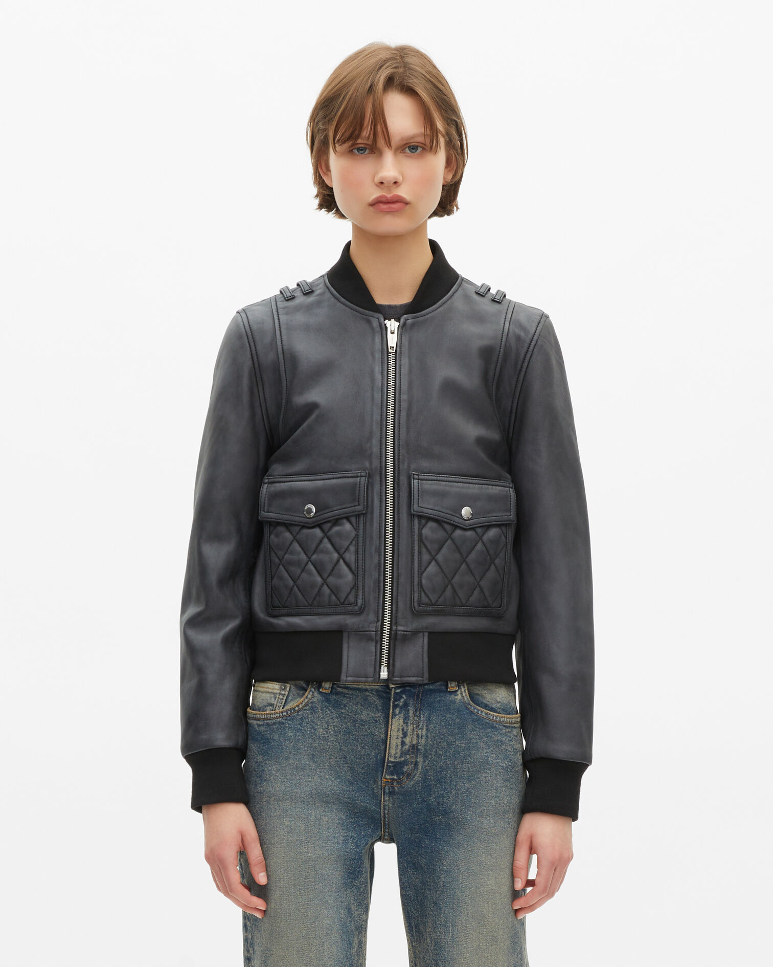 Blouson en cuir noir, BLACK WASHED, hi-res image number null