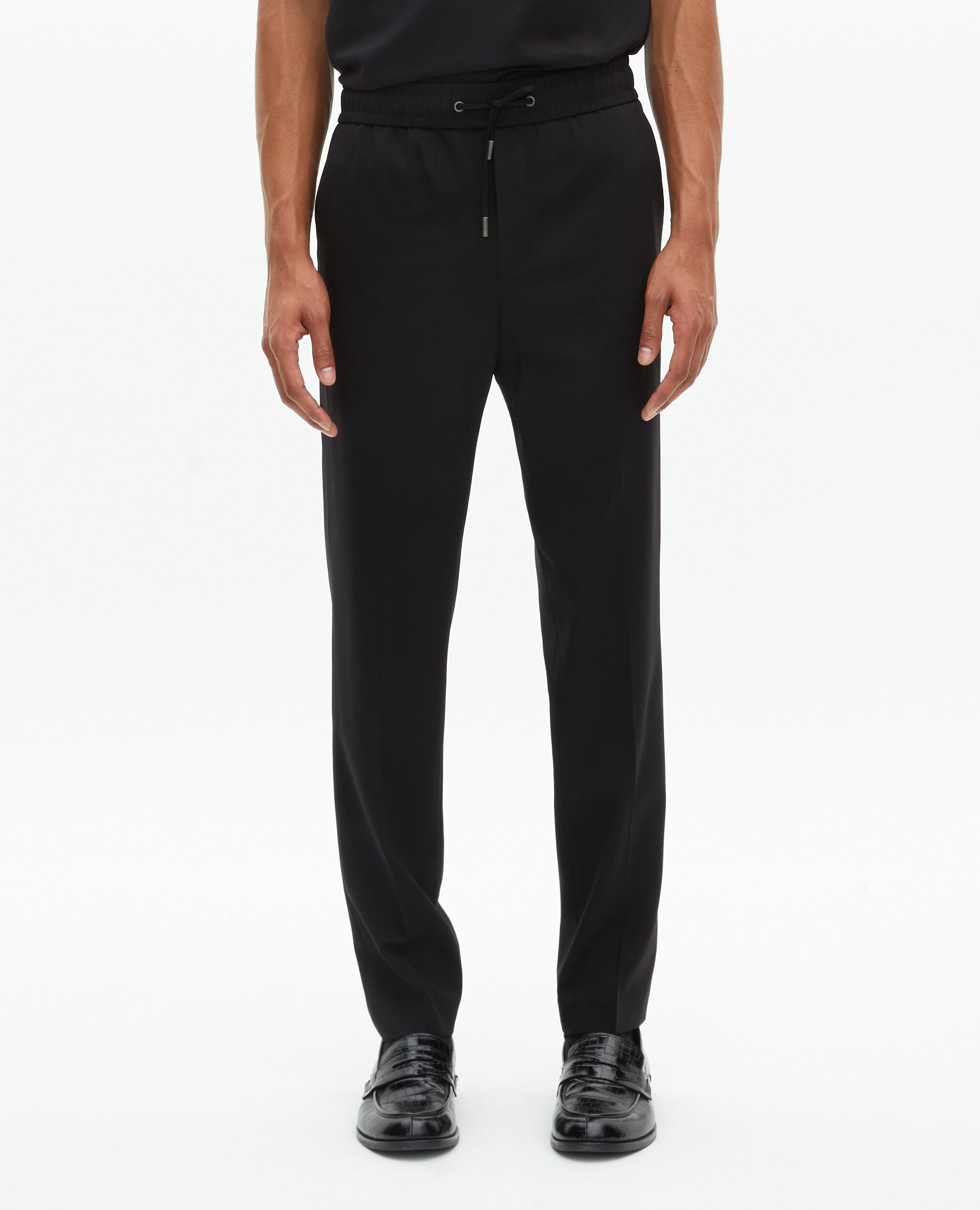 Pantalon élastiqué droit en laine noir, BLACK, hi-res image number null