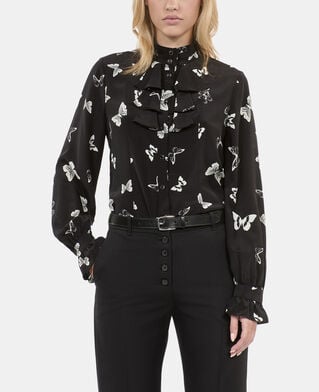 The Kooples FEMME BLACK WHITE chemise en soie imprimée papillons