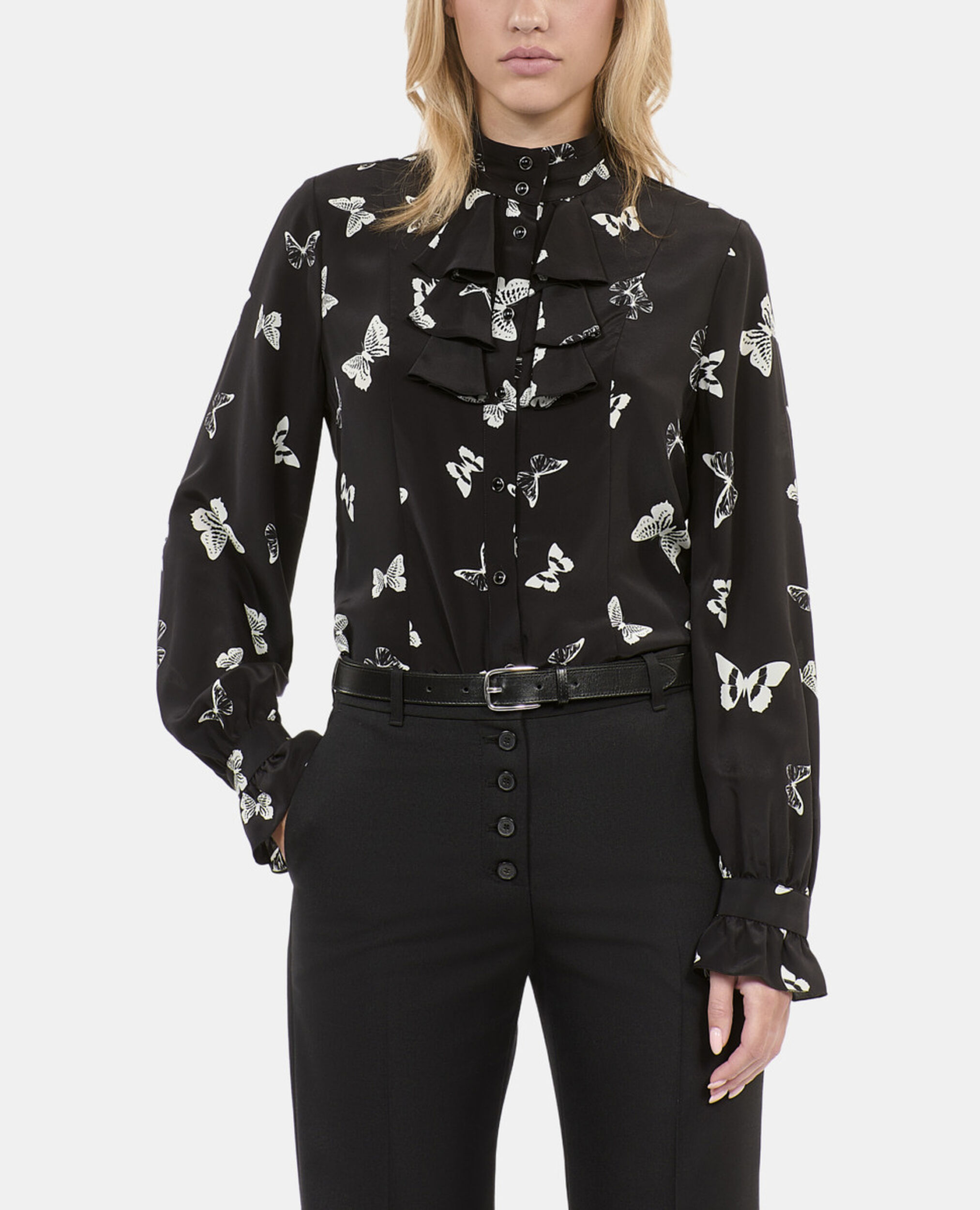 Chemise en soie imprimée papillons, BLACK WHITE, hi-res image number null