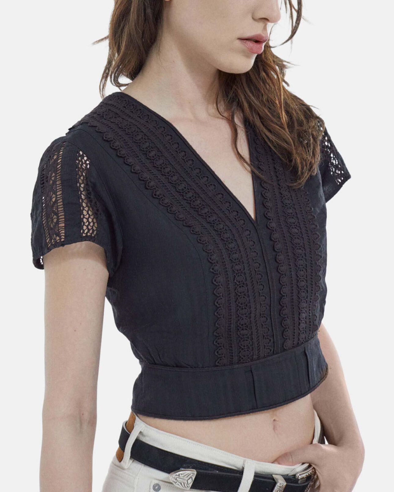 The Kooples FEMME BLACK top ajusté noir coton manches courtes