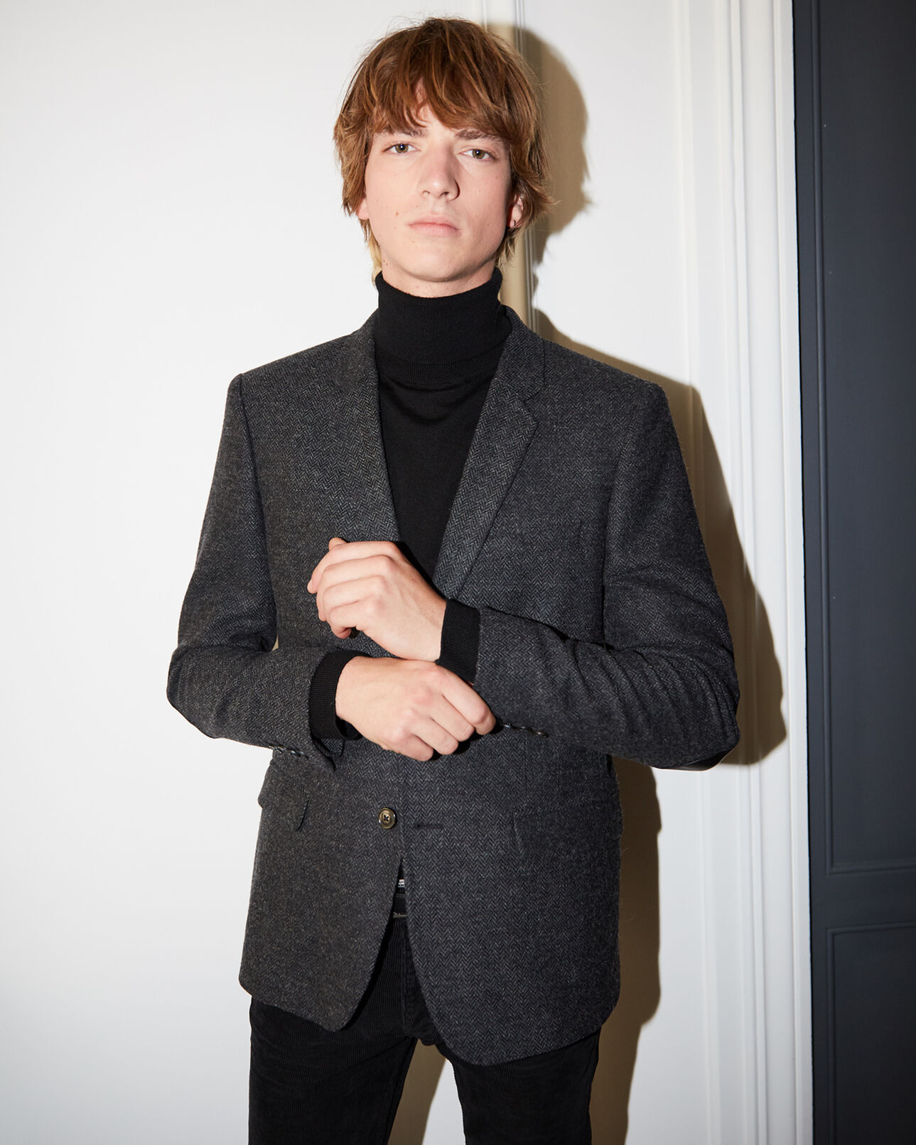 The Kooples MEN BLACK GREY black wool blazer with herringbone motif