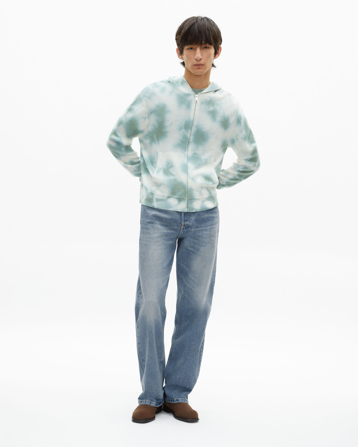 Cardigan en laine mérinos tie and dye kaki, KAKI / WHITE, hi-res image number null