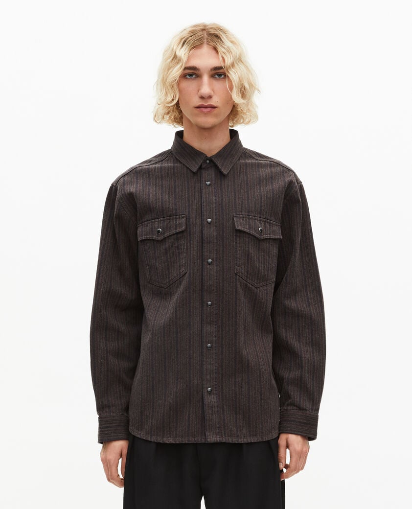 The Kooples H WASHED GREY brown and blue molten stripe overshirt