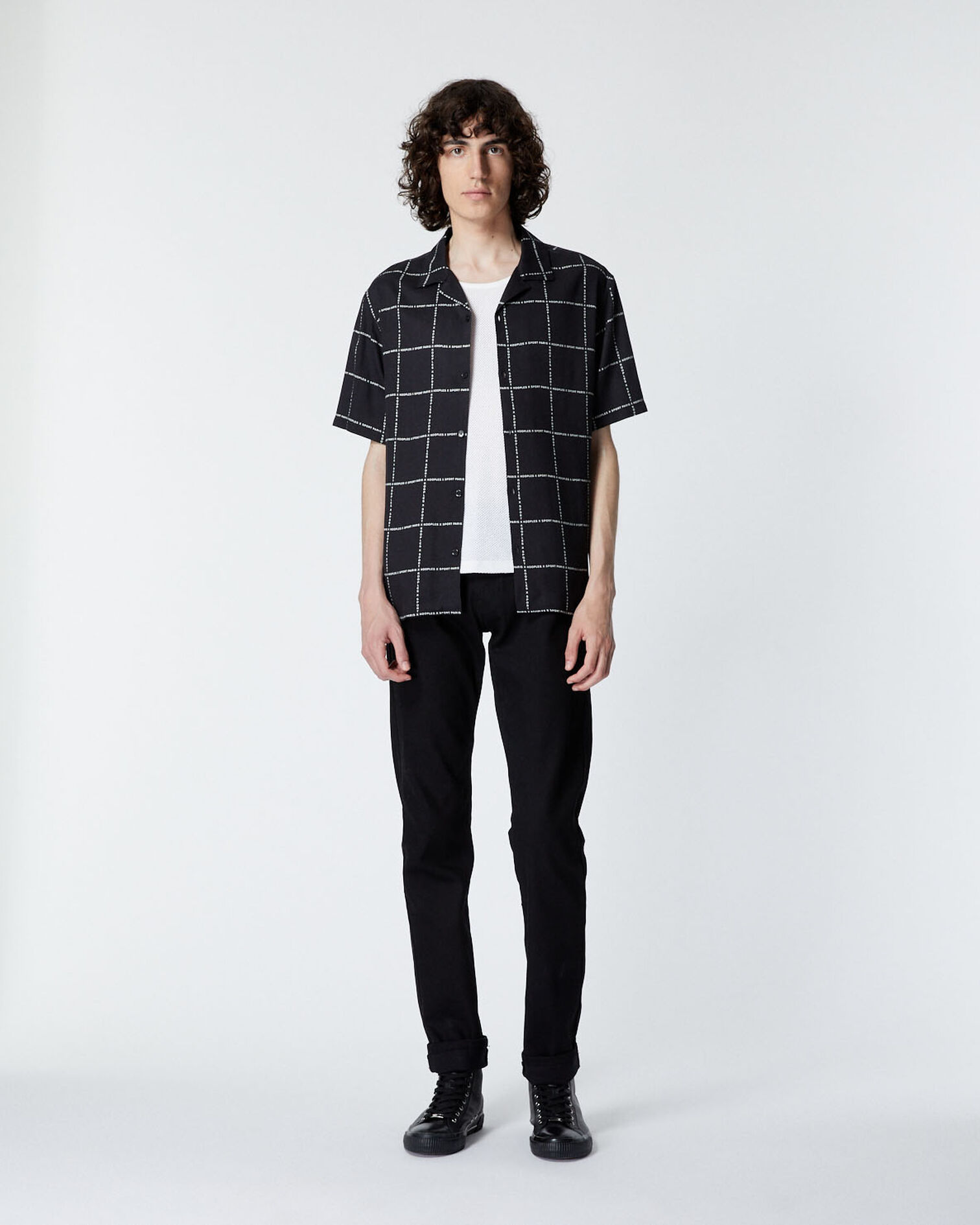 Camisa manga corta negra cuadros, BLACK WHITE, hi-res image number null