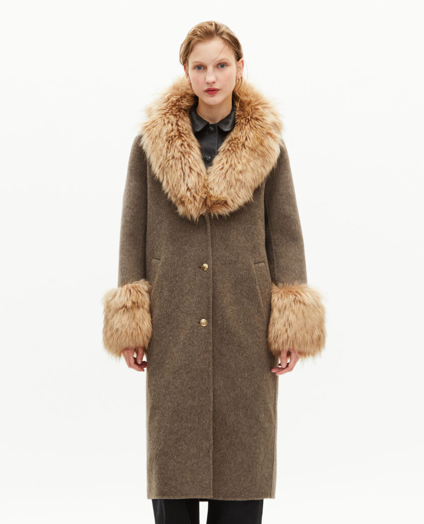 The Kooples FEMME HAZELNUT manteau long en laine double face et fourrure marron