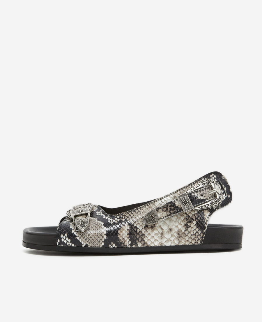 sandales cuir noires et grises plates à motif
