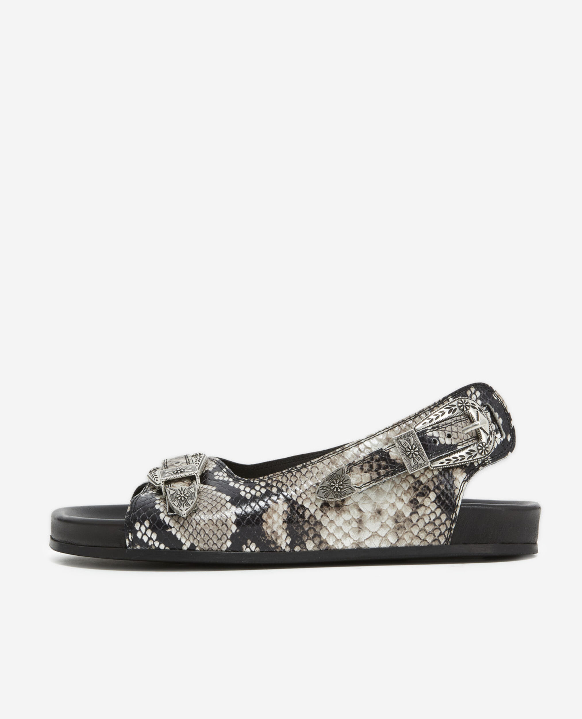 Sandales cuir noires et grises plates à motif, BLACK GREY, hi-res image number null