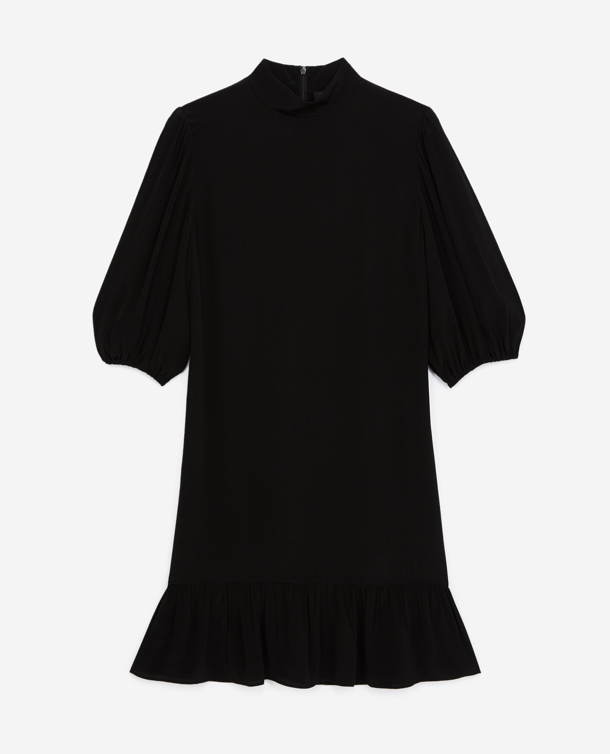 Schwarzes kurzes Kleid Volants Stehkragen, BLACK, hi-res image number null