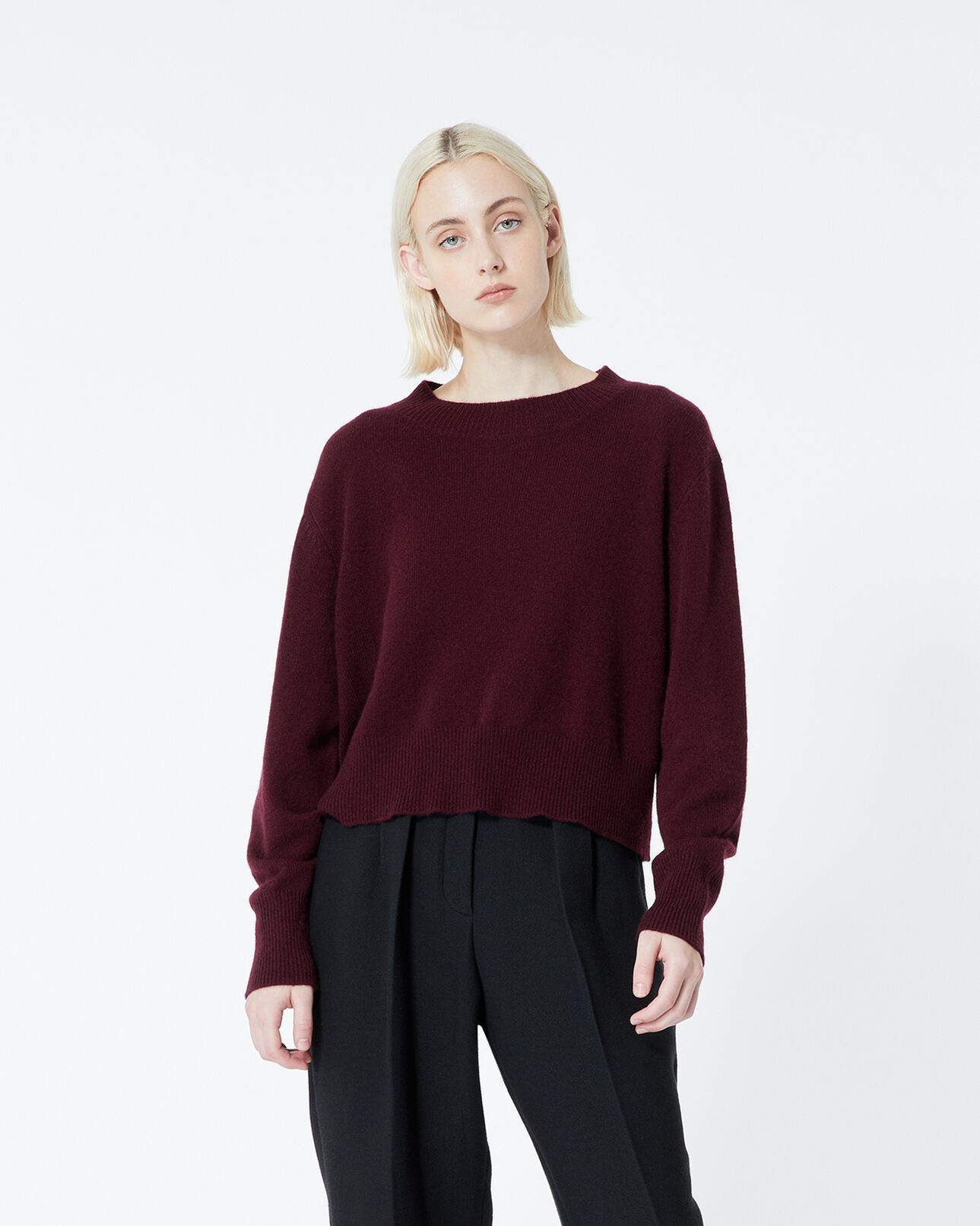 The Kooples WOMEN BORDEAUX burgundy cashmere sweater with crew neck