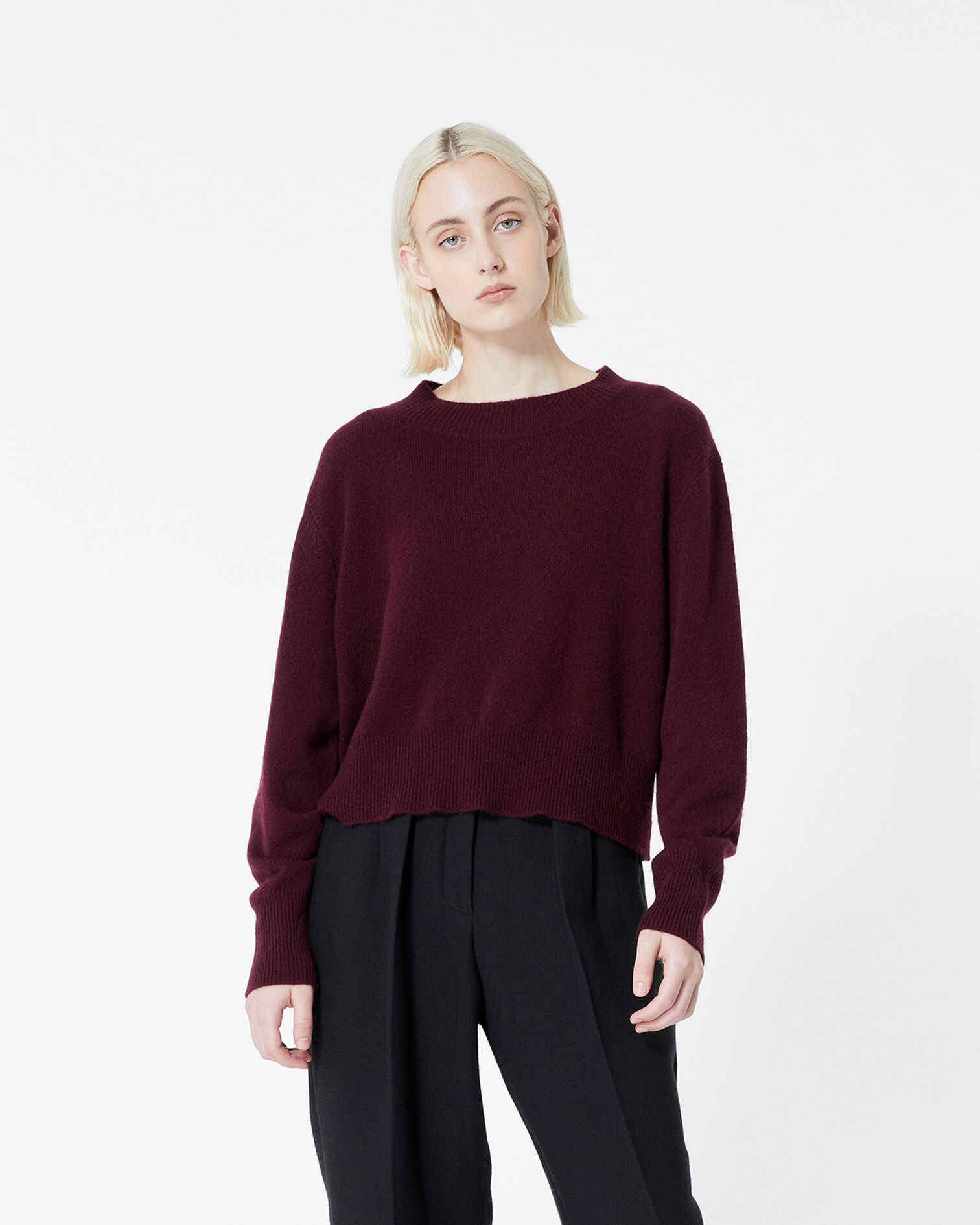 Burgundy cashmere sweater with crew neck, BORDEAUX, hi-res image number null