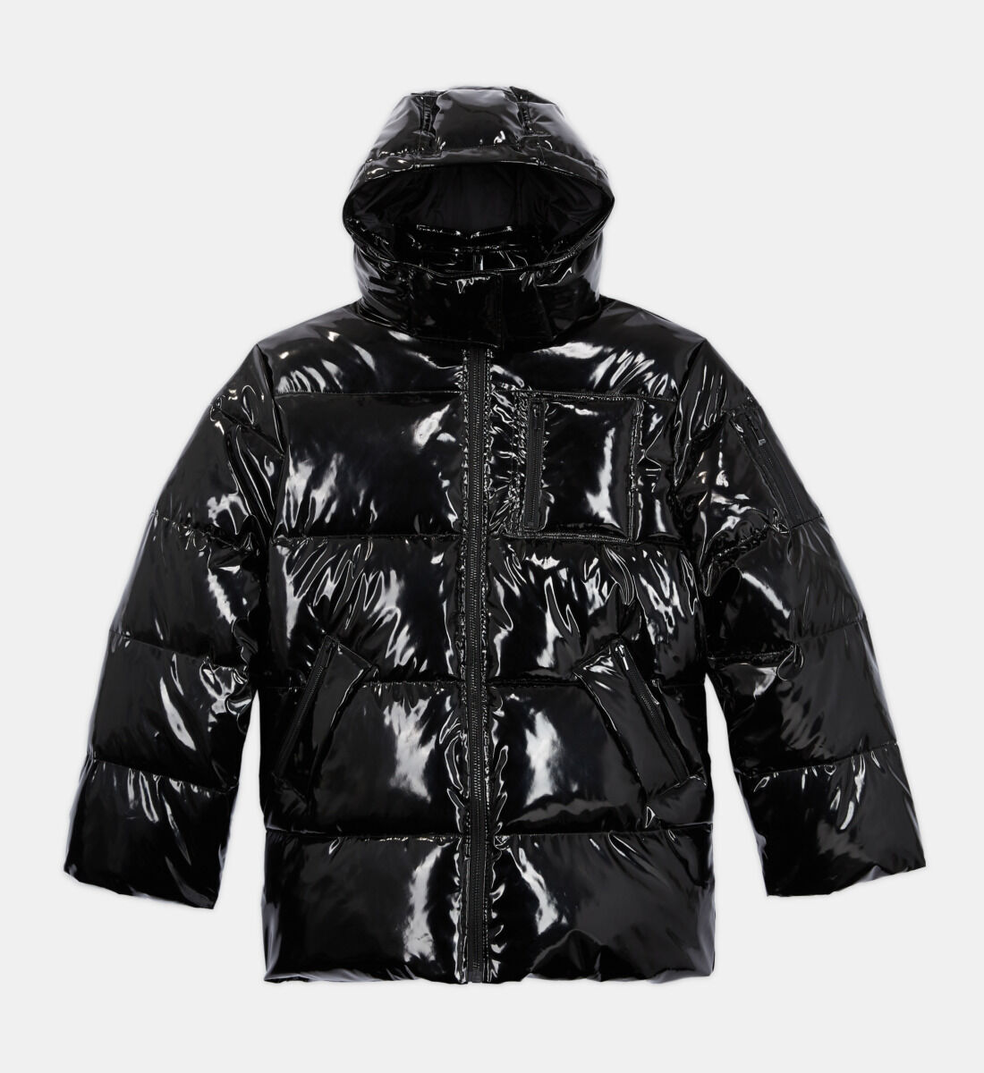 Black oversized vinyl down jacket with straps and logo