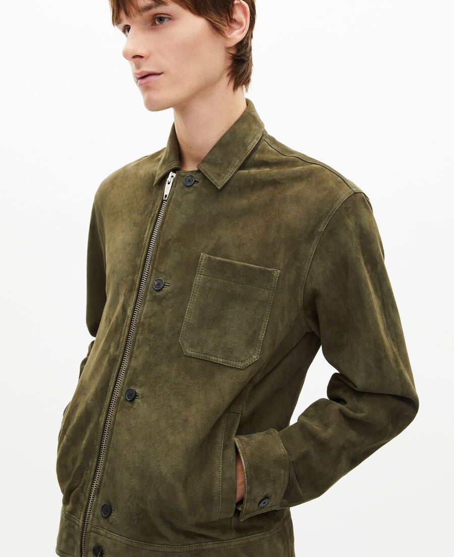 The Kooples MEN KAKI suede jacket with khaki offset zip