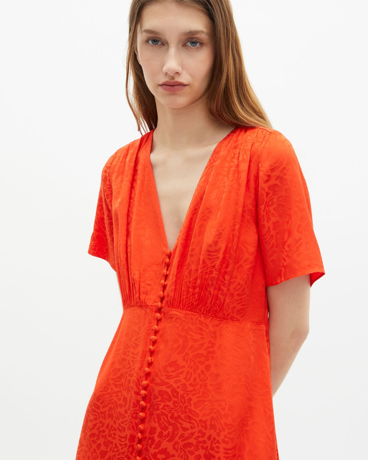 The Kooples FEMME ORANGE RED robe longue léopard en jacquard orange