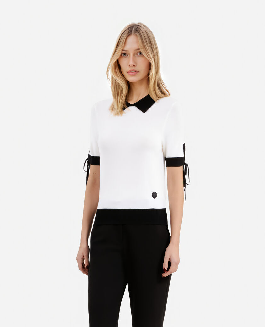 The Kooples DAMEN BLACK-ECRU kurz&auml;rmliger ecrufarbener wollpullover