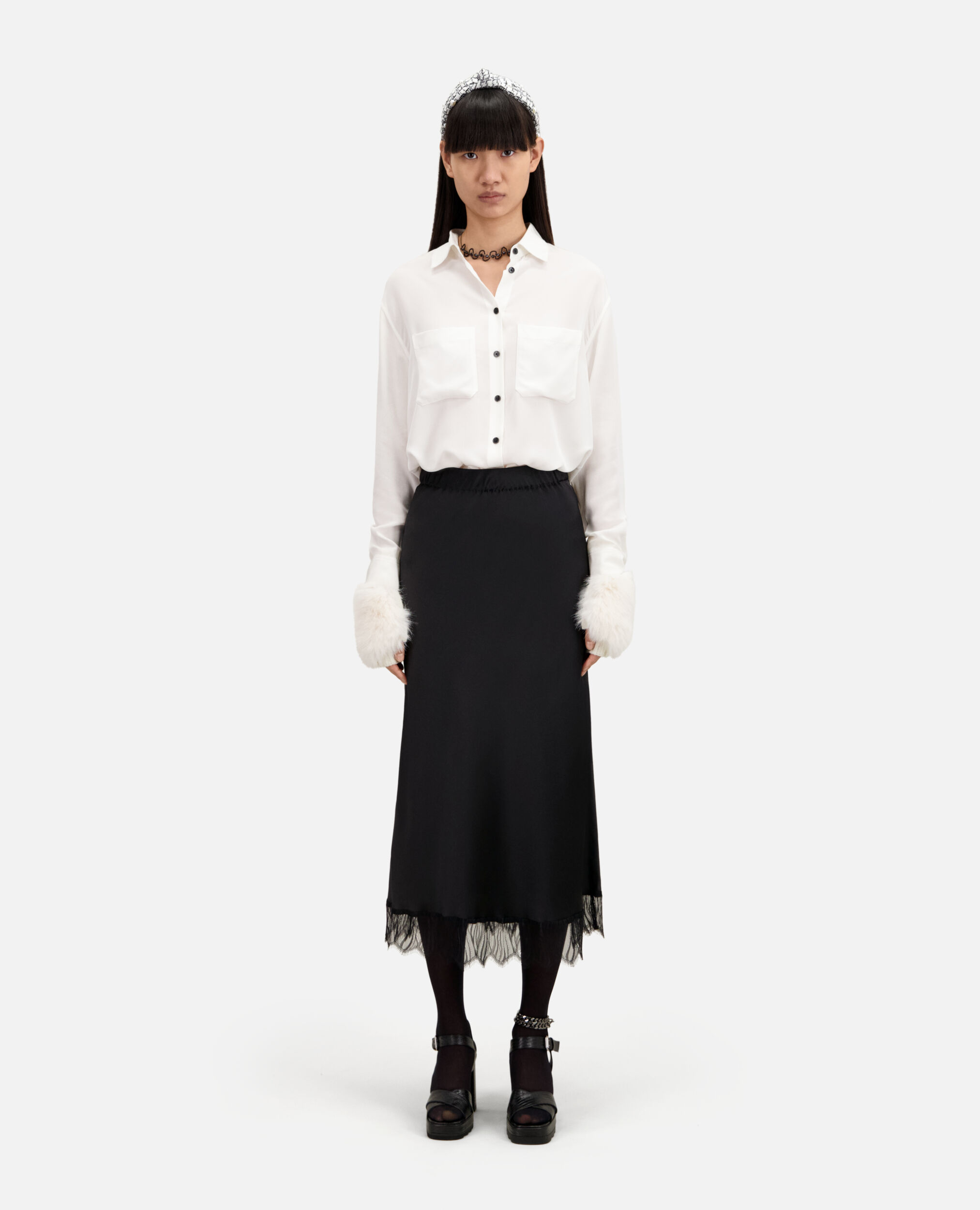 Long black skirt with lace details, BLACK, hi-res image number null