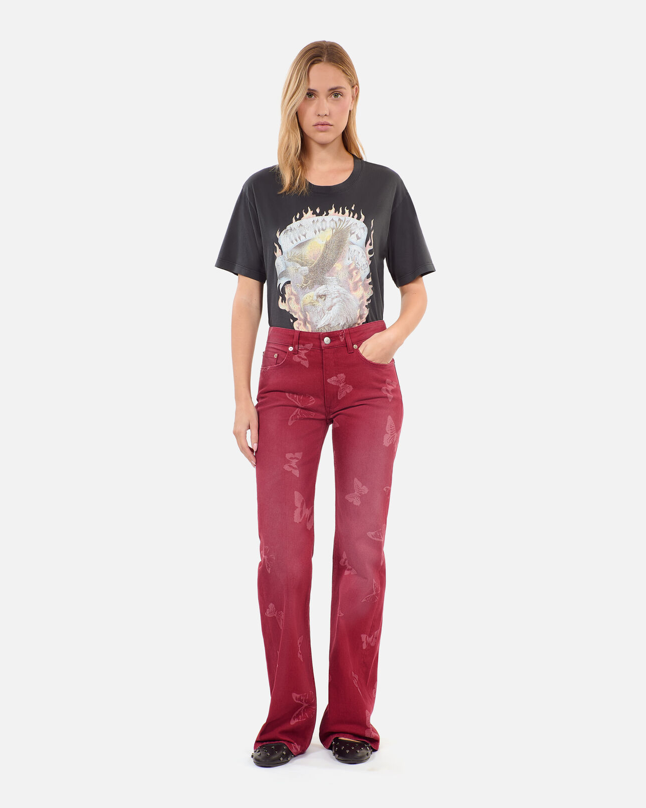 The Kooples MUJER DARK RED vaqueros acampanados estampado mariposas