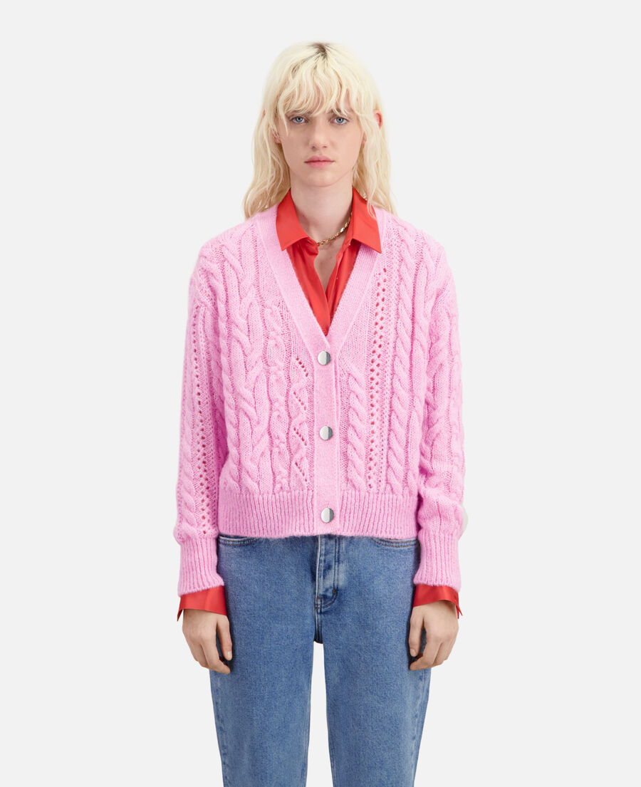 pink cable-knit wool-blend cardigan