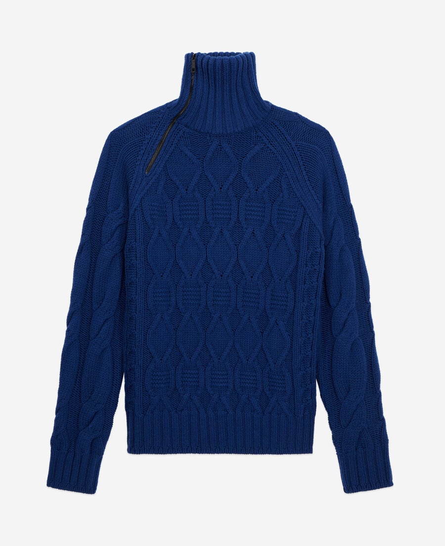 The Kooples HOMME ROYAL BLUE - DARK NAVY pull bleu en laine torsad&eacute;e avec zip