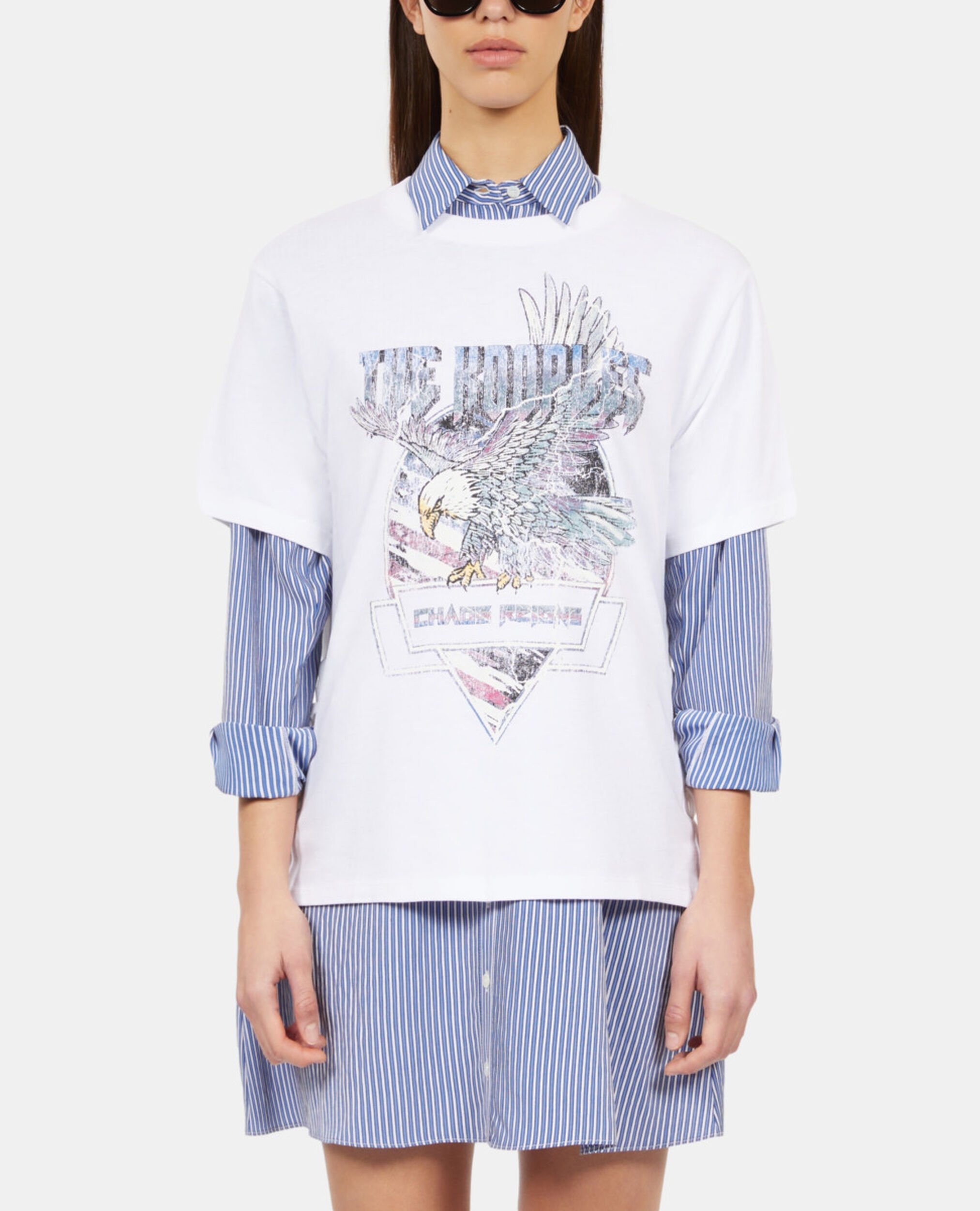 Weißes T-Shirt mit Schnürung und Adlerserigrafie, WHITE, hi-res image number null