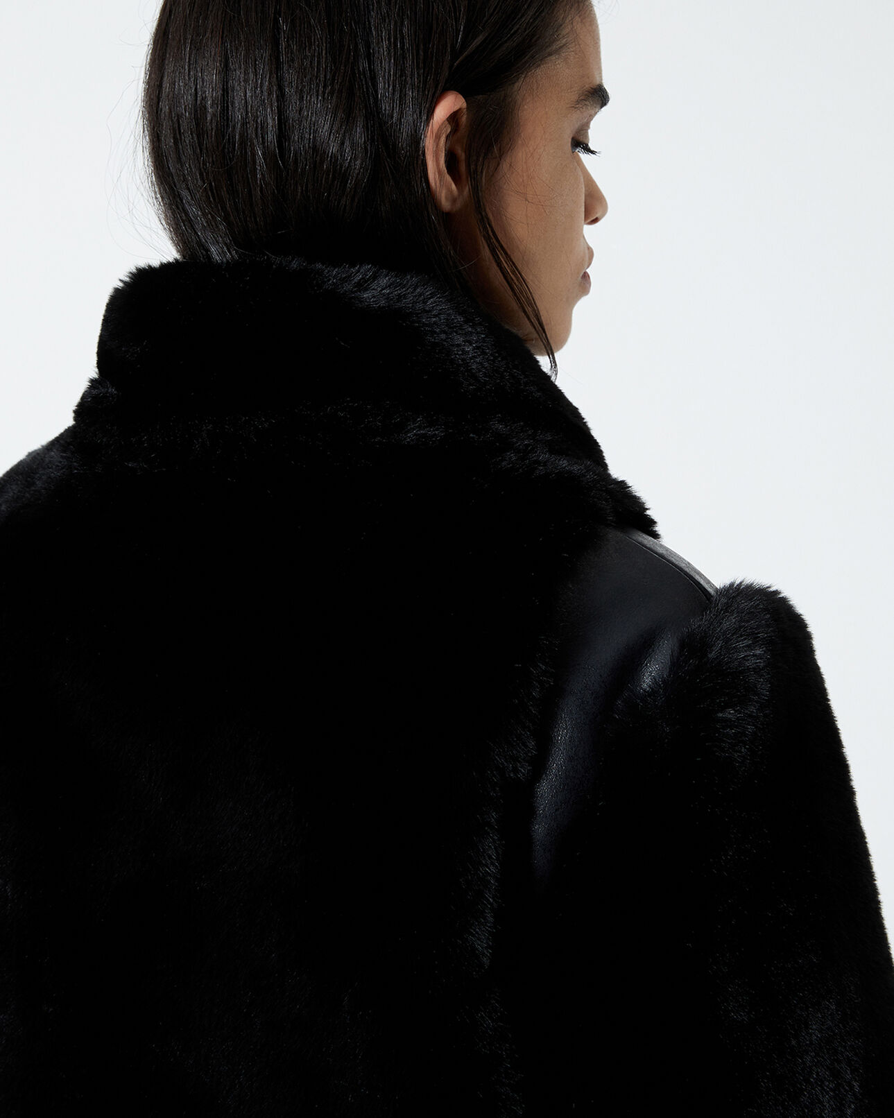 The Kooples WOMEN BLACK black faux fur coat with leather detail