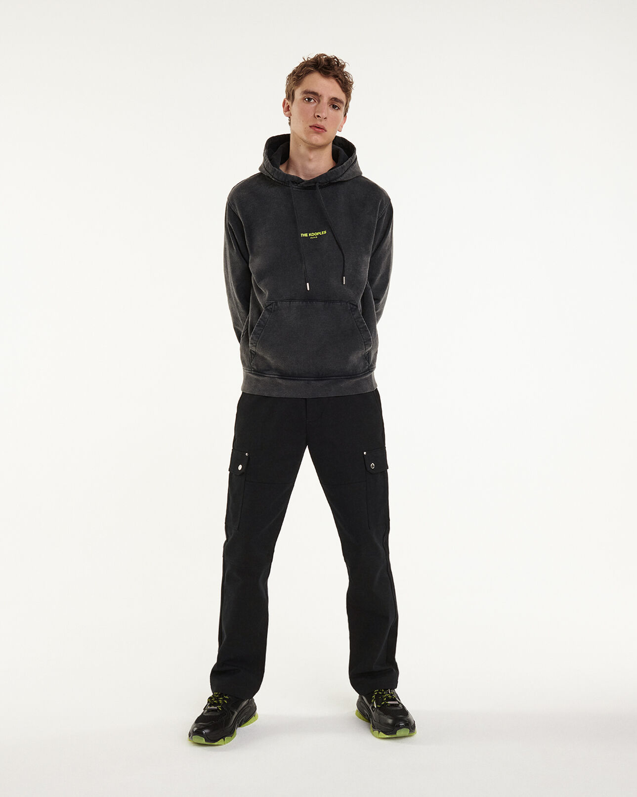 The Kooples MEN BLACK WASHED faded black cotton hoodie with logo