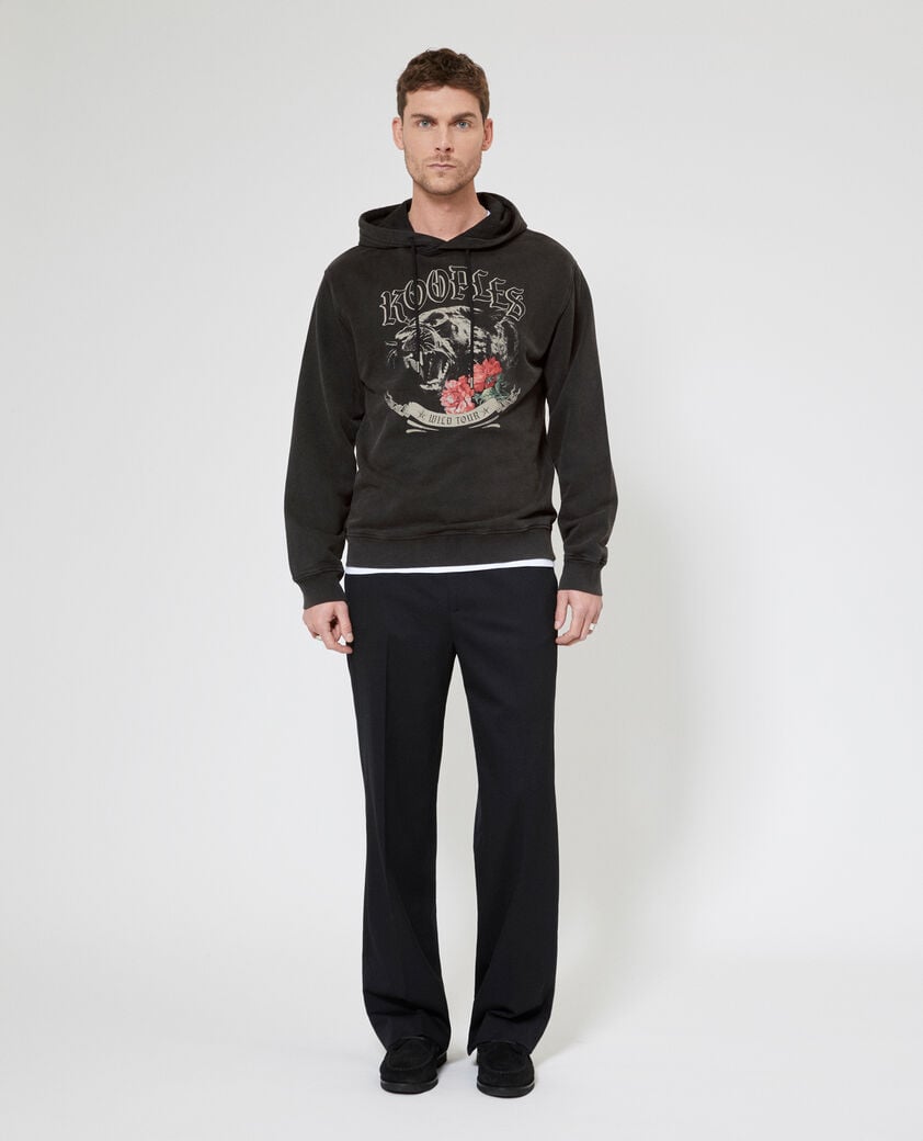 The Kooples MEN BLACK WASHED hooded sweatshirt with panther silkscreen print in black