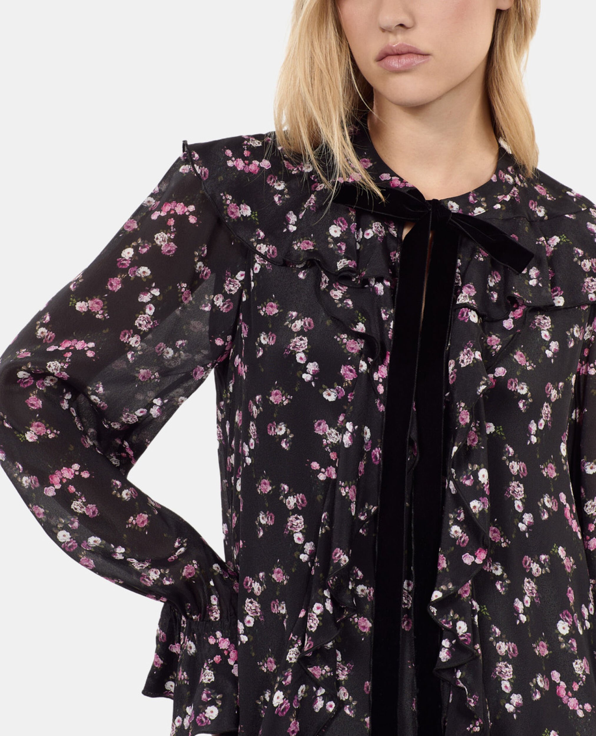 Robe courte à volants imprimé fleuri, BLACK, hi-res image number null