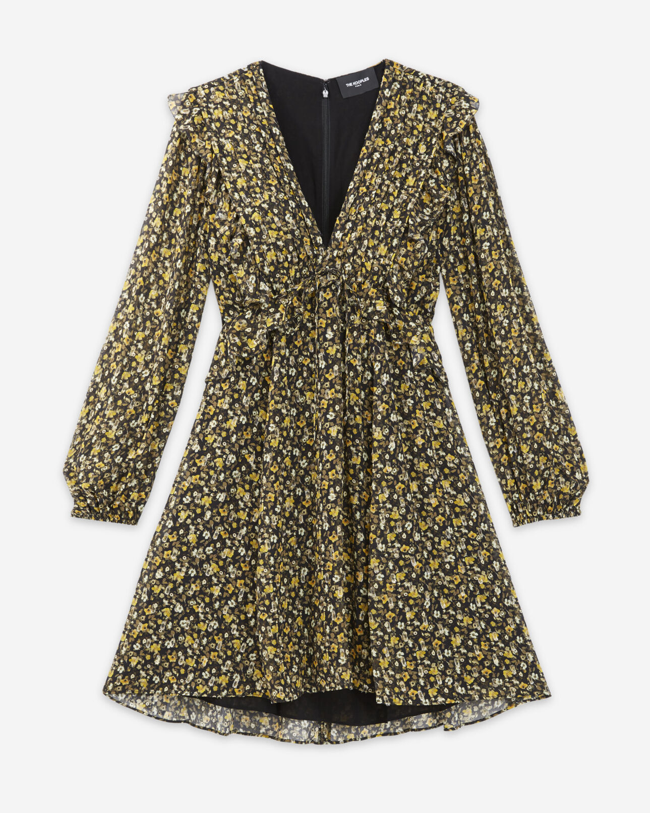 The Kooples FEMME BLACK-ORANGE robe courte volants noire et jaune argentés