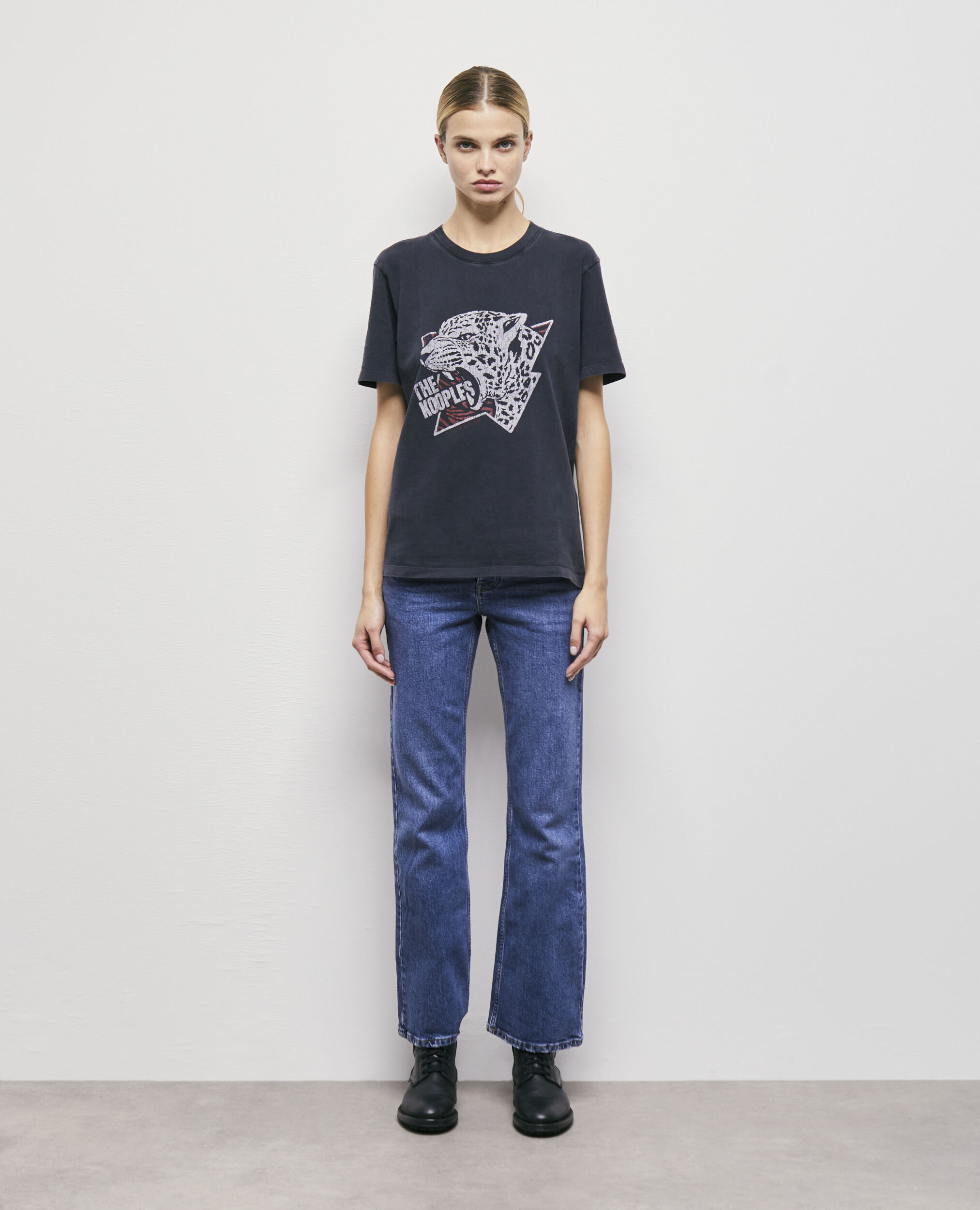 Women's leopard screen print t-shirt, BLACK WASHED, hi-res image number null