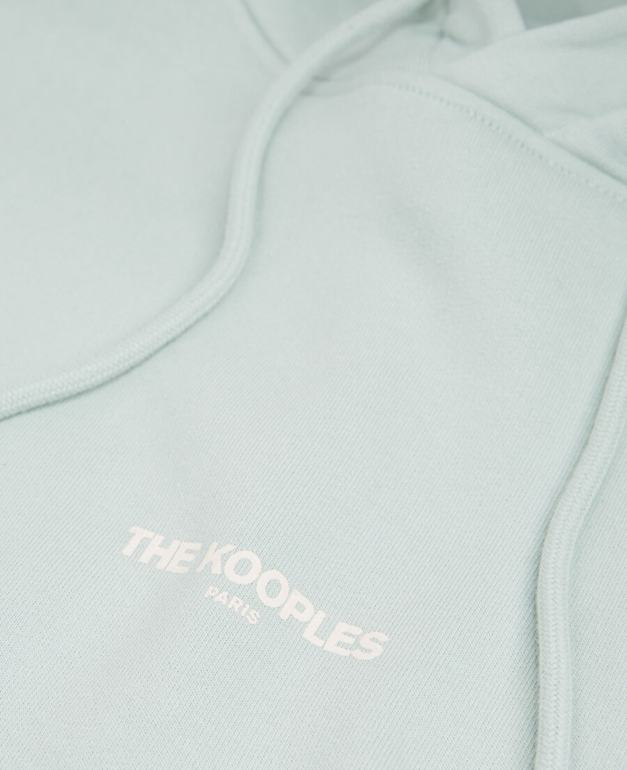 sea green hoodie with logo on the chest
