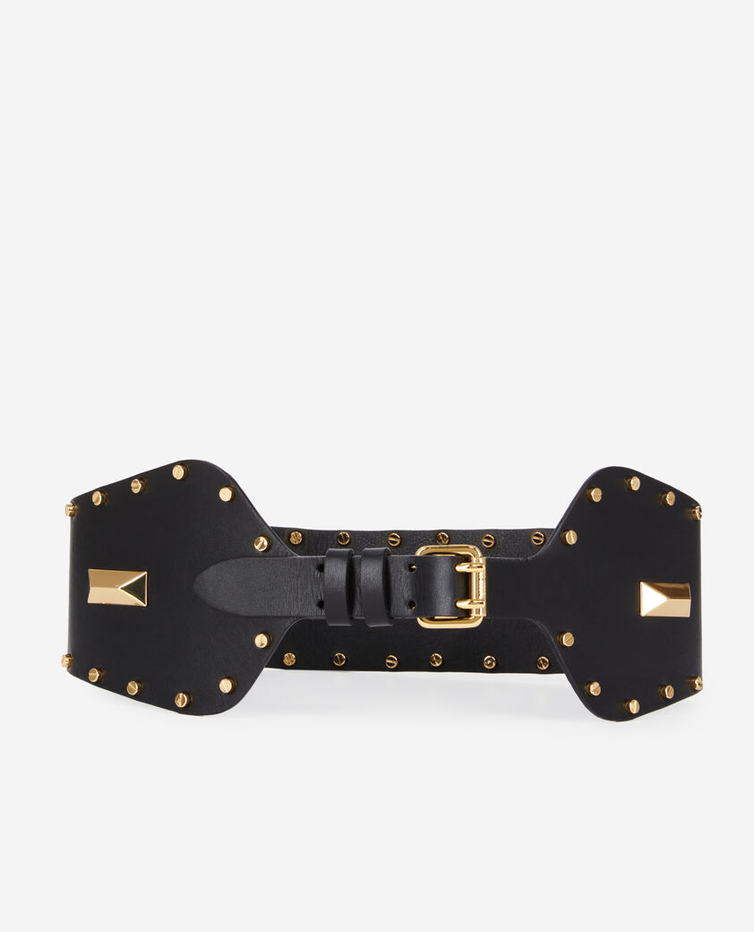 The Kooples F BLACK wide black leather belt with studs and metallic inserts