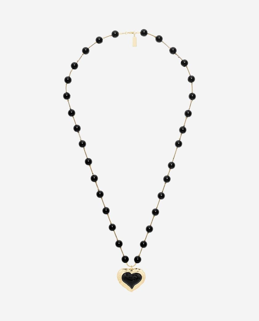 The Kooples FEMME GOLD collier perles et pendentif c&oelig;ur noir