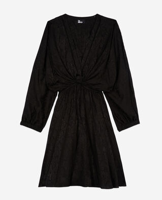 The Kooples DAMEN BLACK schwarzes kurzes jacquardkleid in pythonoptik mit drapierung
