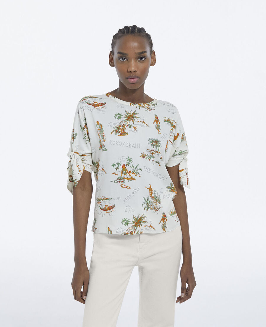flowing printed white top with knotted details