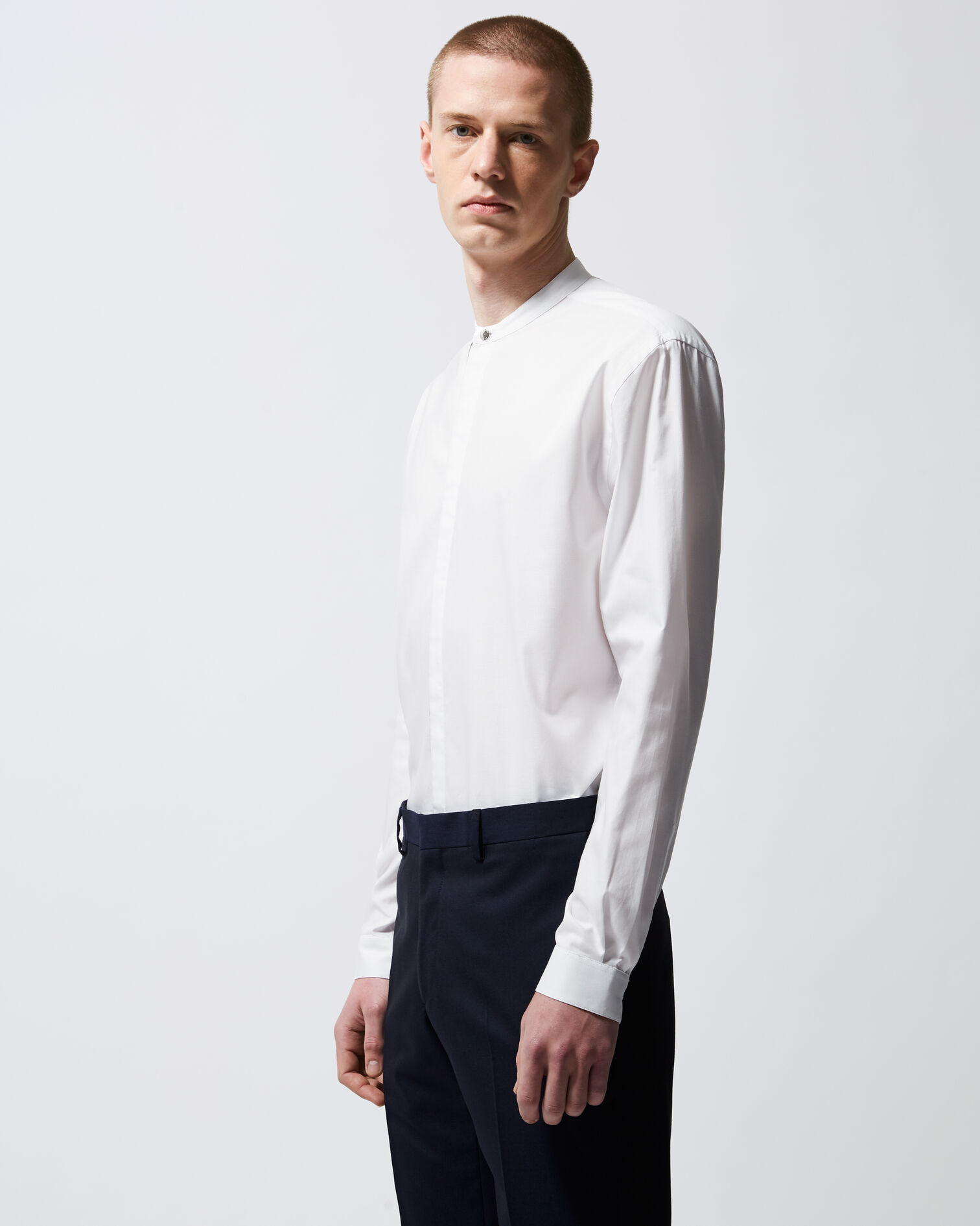 White cotton collarless slim-fit shirt, WHITE, hi-res image number null